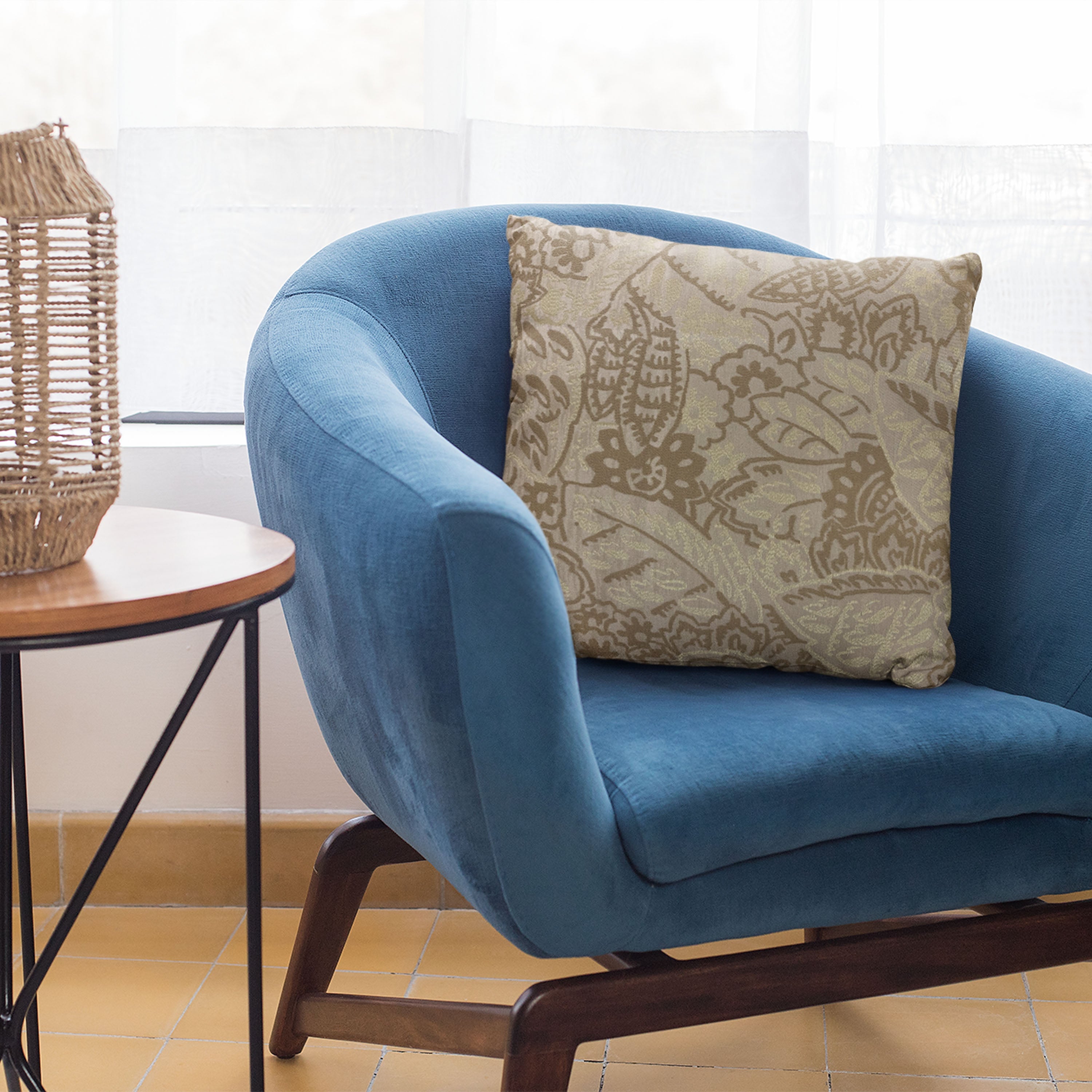 Plutus Brown Mustard Jacquard Luxury Throw Pillow featuring a stylish jacquard pattern in rich brown and mustard colors, with an invisible zipper and soft texture.