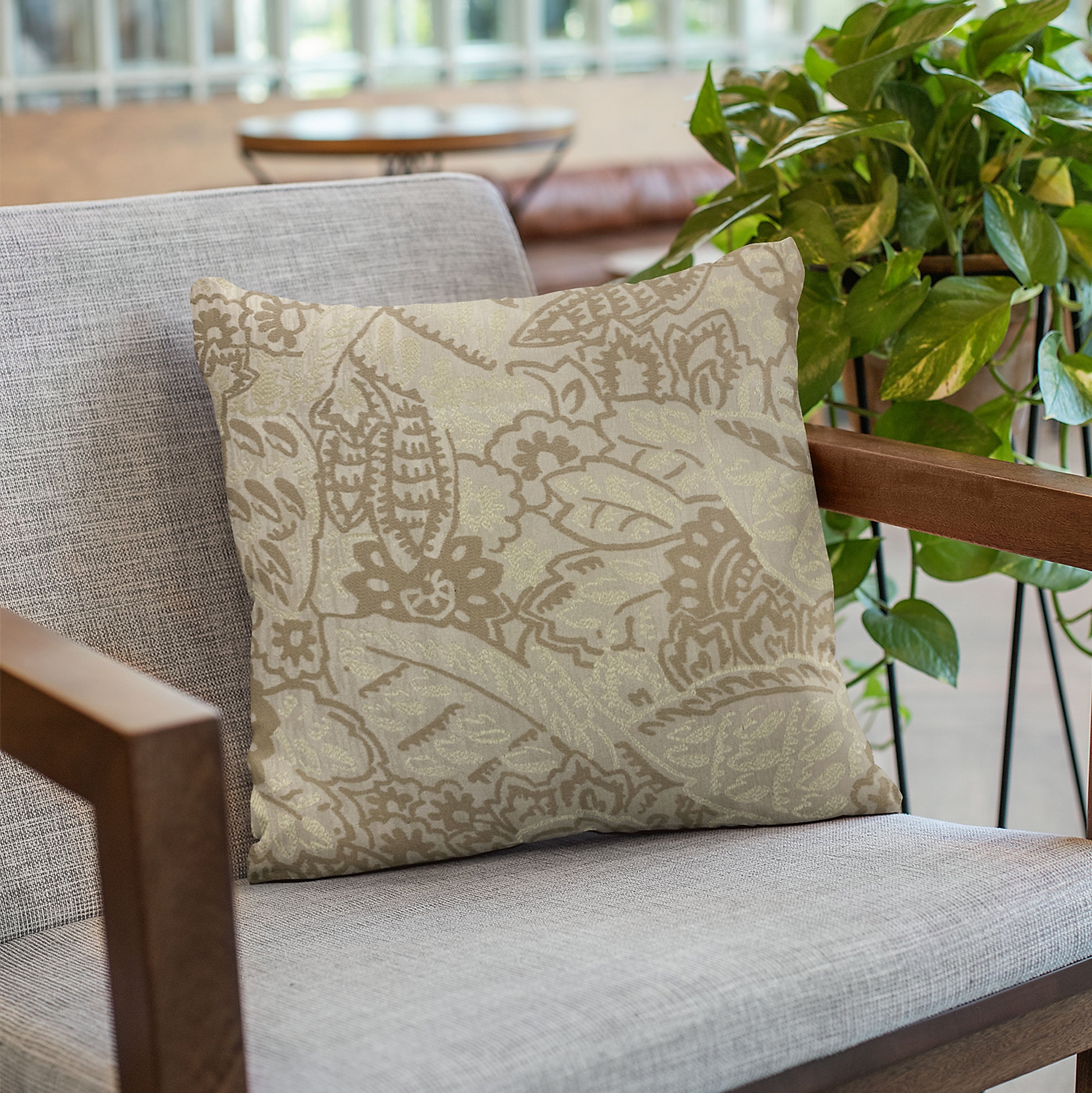 Plutus Brown Mustard Jacquard Luxury Throw Pillow featuring a stylish jacquard pattern in rich brown and mustard colors, with an invisible zipper and soft texture.