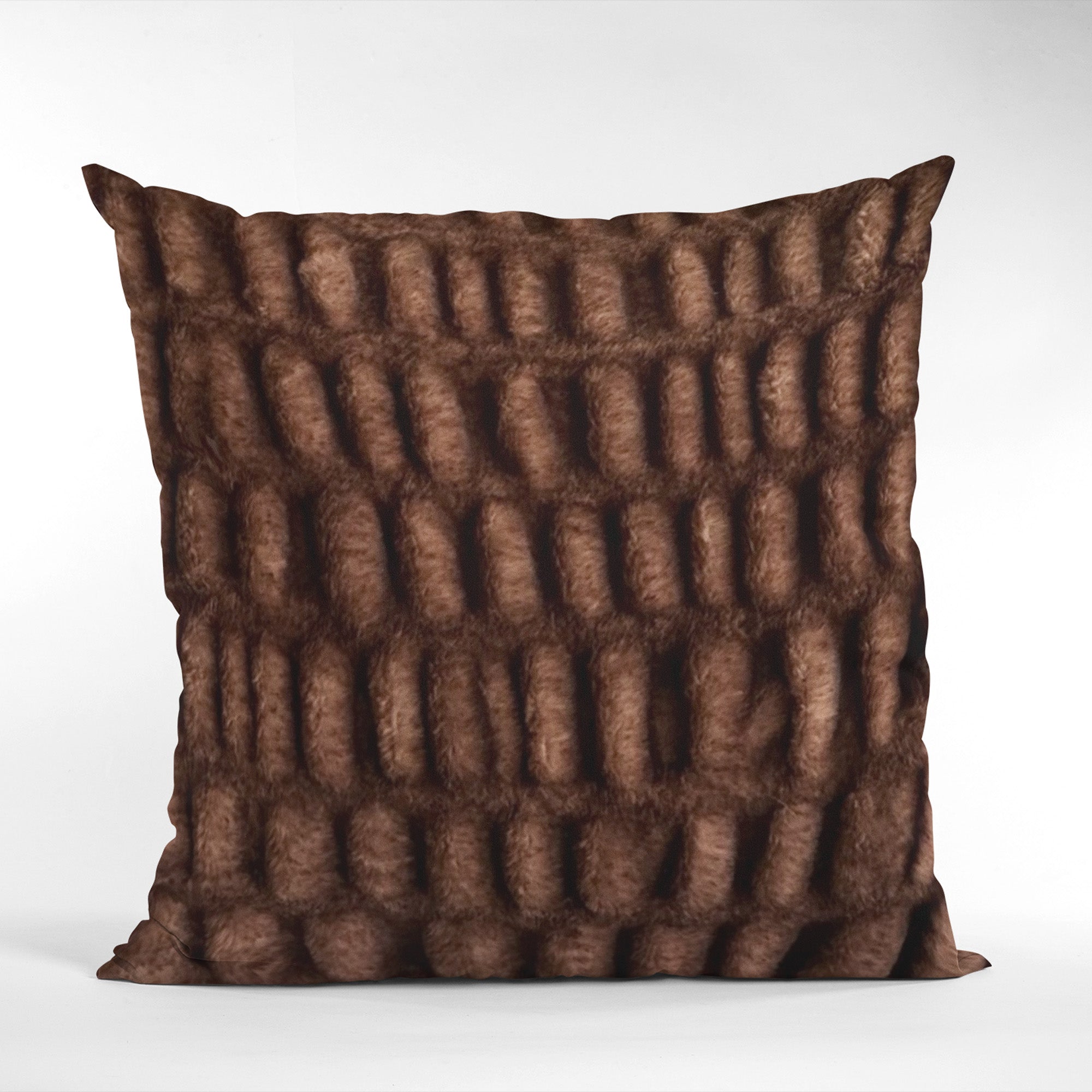 Plutus Brown Plush Pelt Faux Fur Luxury Throw Pillow showcasing its rich brown color and soft texture, perfect for home decor.