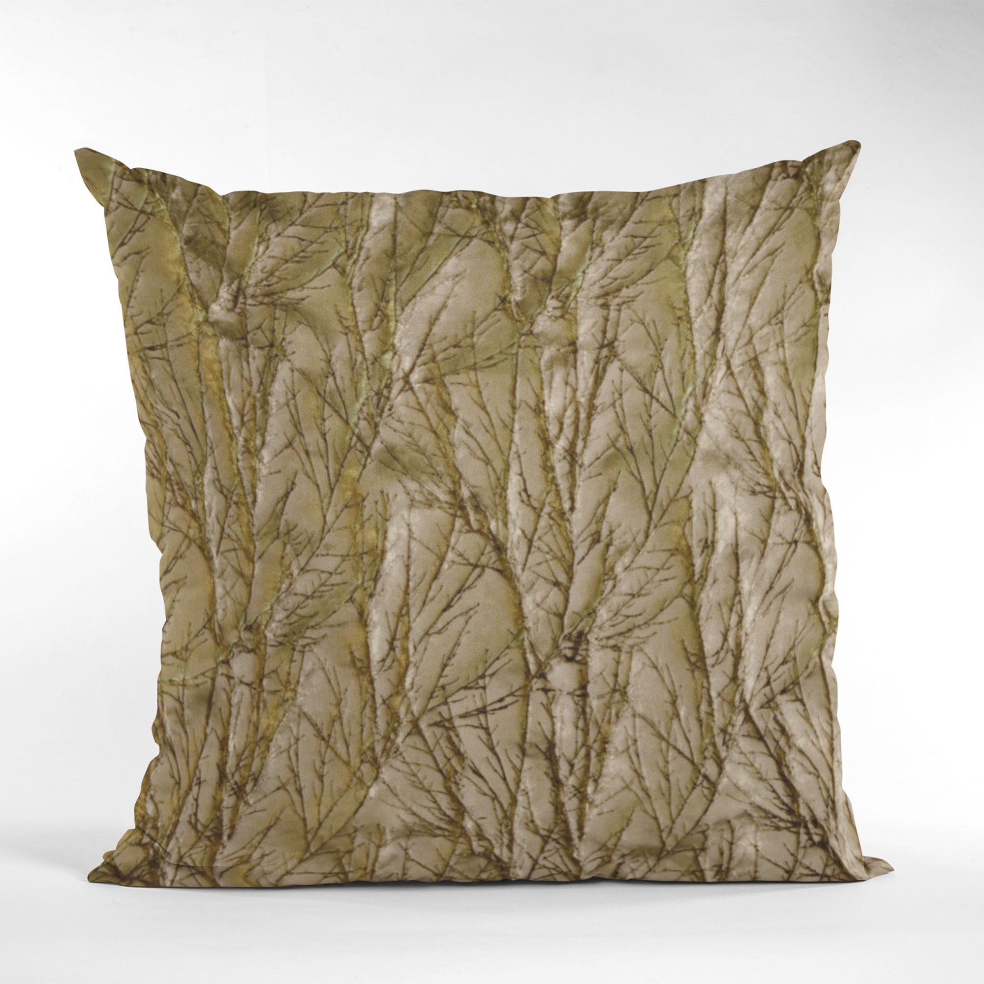 Plutus Burnished Bronze Yarns Luxury Pillow with a shiny twig pattern, showcasing its elegant design and rich texture.