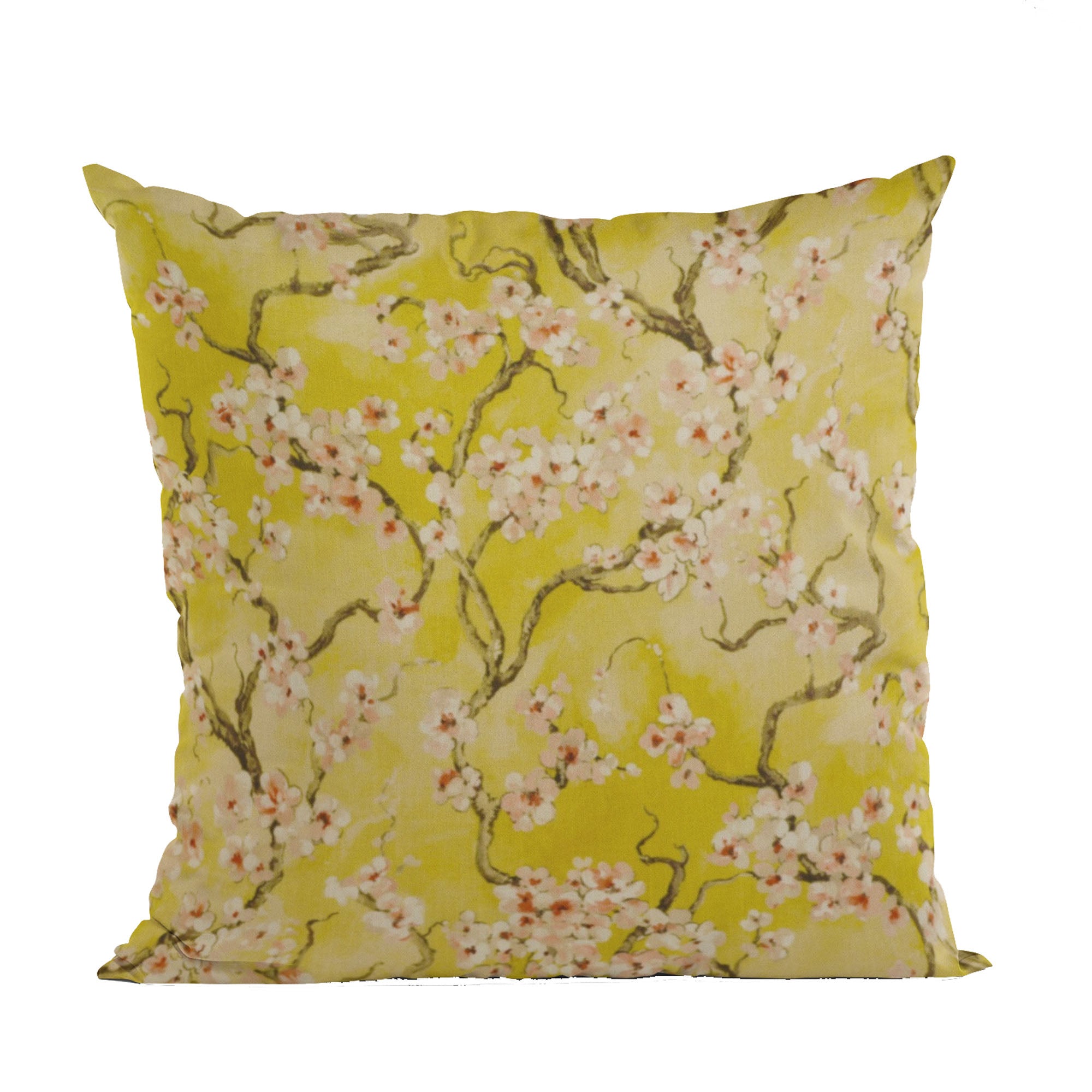 Plutus Curry Garden throw pillow featuring cherry blossoms on a linen-like polyester fabric, showcasing vibrant colors and elegant design.