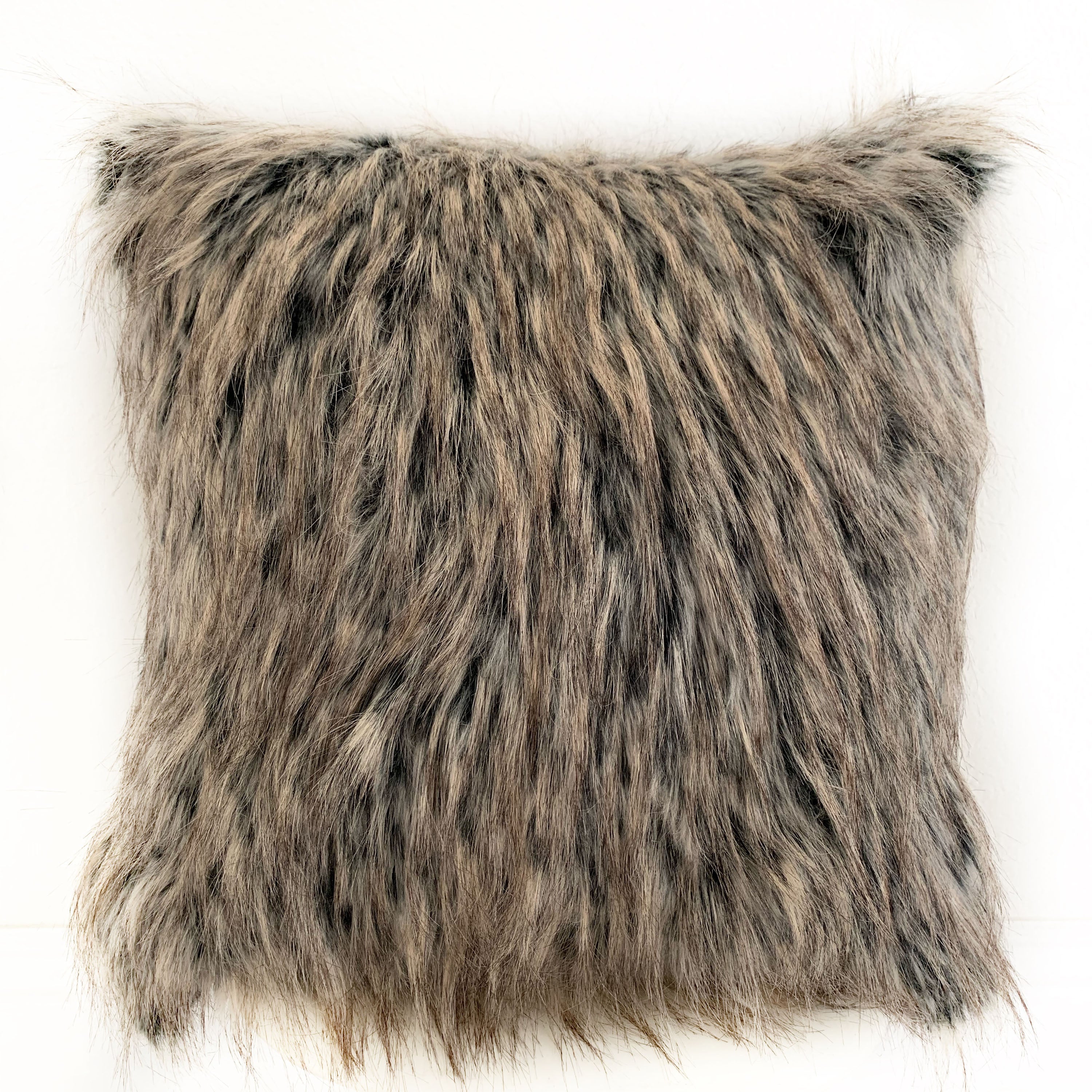Plutus Gray Foxy Brown Gray Animal Faux Fur Luxury Throw Pillow showcasing its plush texture and elegant design, perfect for home decor.