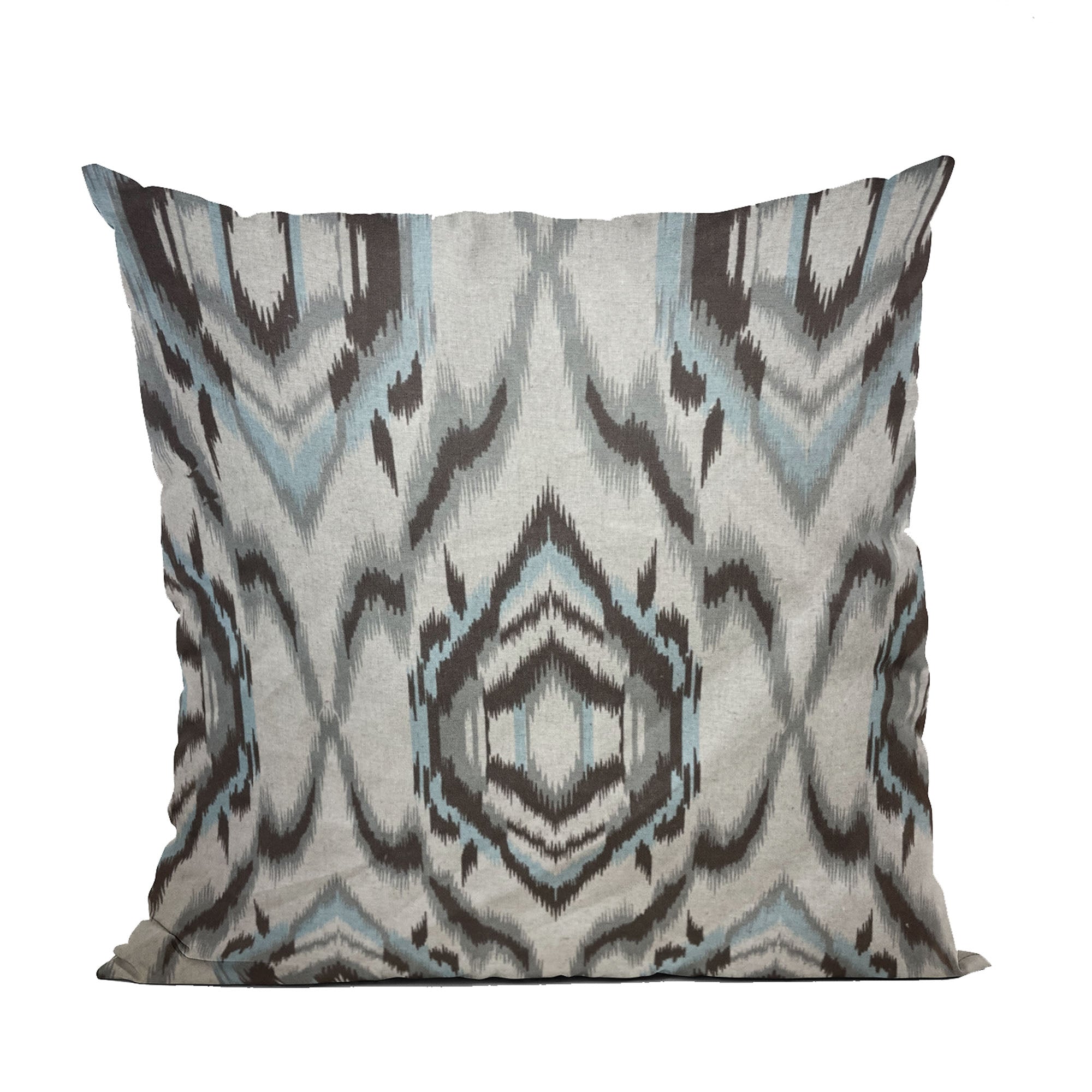 Plutus Ikat Dream Pillow in blue, black, and cream, showcasing a unique Ikat pattern with a luxurious handmade finish.