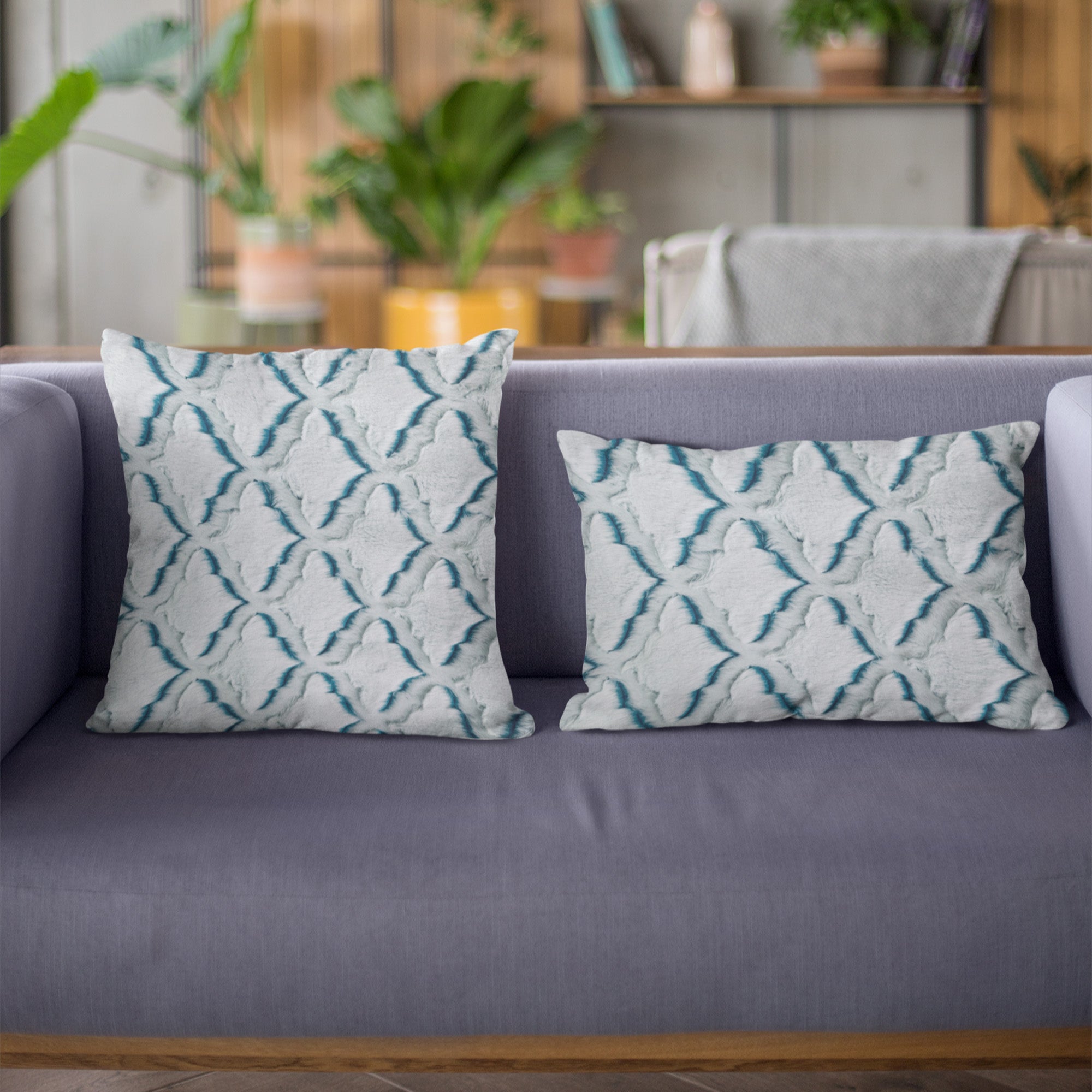 Plutus Light Blue Diamond Animal Faux Fur Luxury Throw Pillow showcasing plush texture and elegant diamond pattern.