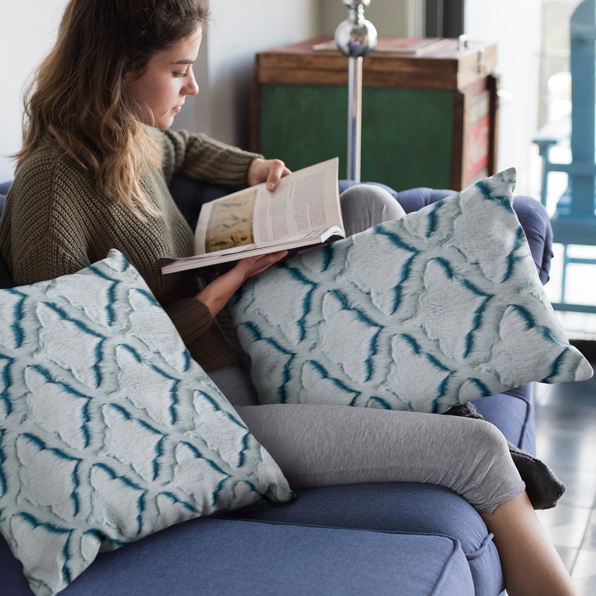 Plutus Light Blue Diamond Animal Faux Fur Luxury Throw Pillow showcasing plush texture and elegant diamond pattern.