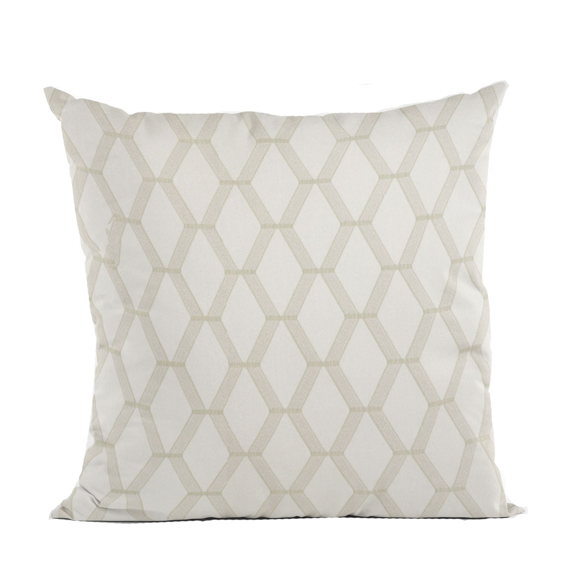 Plutus Pearl Diamond shiny fabric throw pillow with intricate embroidery, showcasing a luxurious design in pearl color.