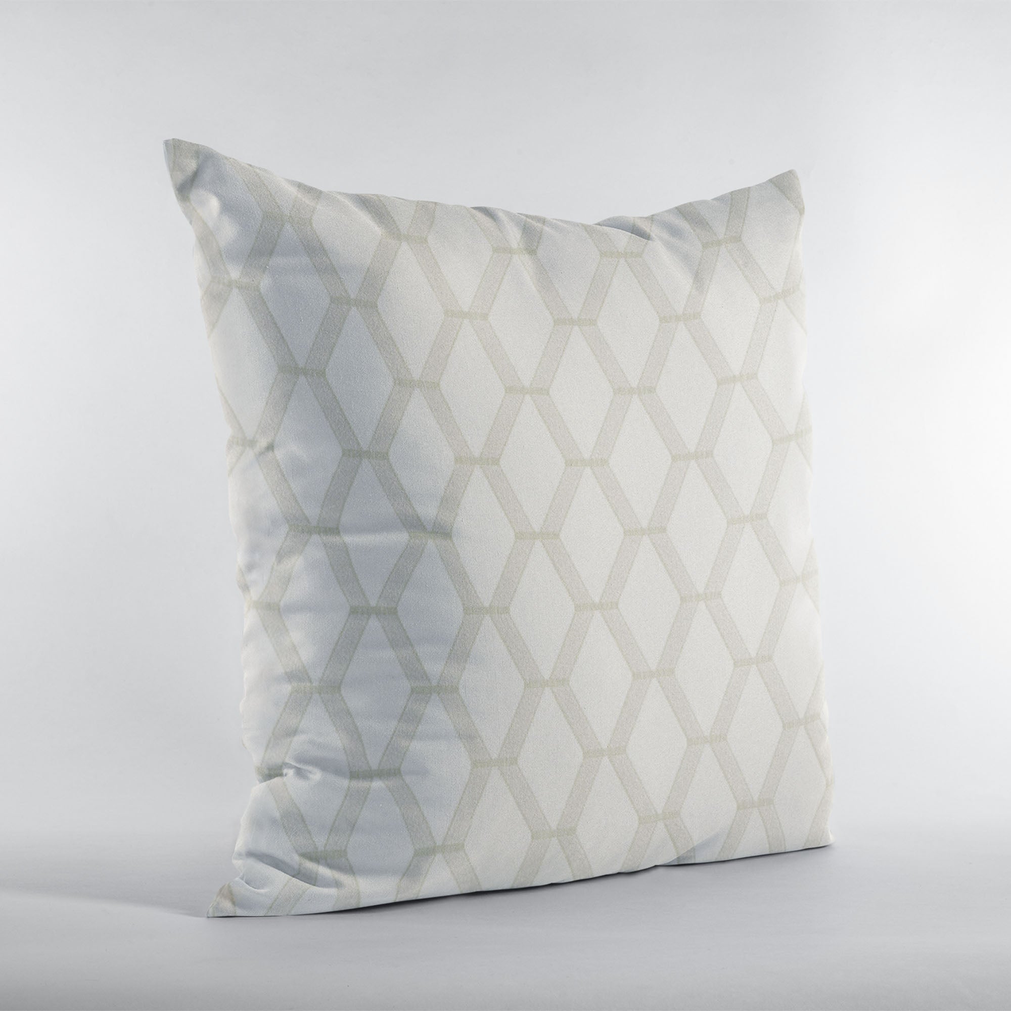 Plutus Pearl Diamond shiny fabric throw pillow with intricate embroidery, showcasing a luxurious design in pearl color.