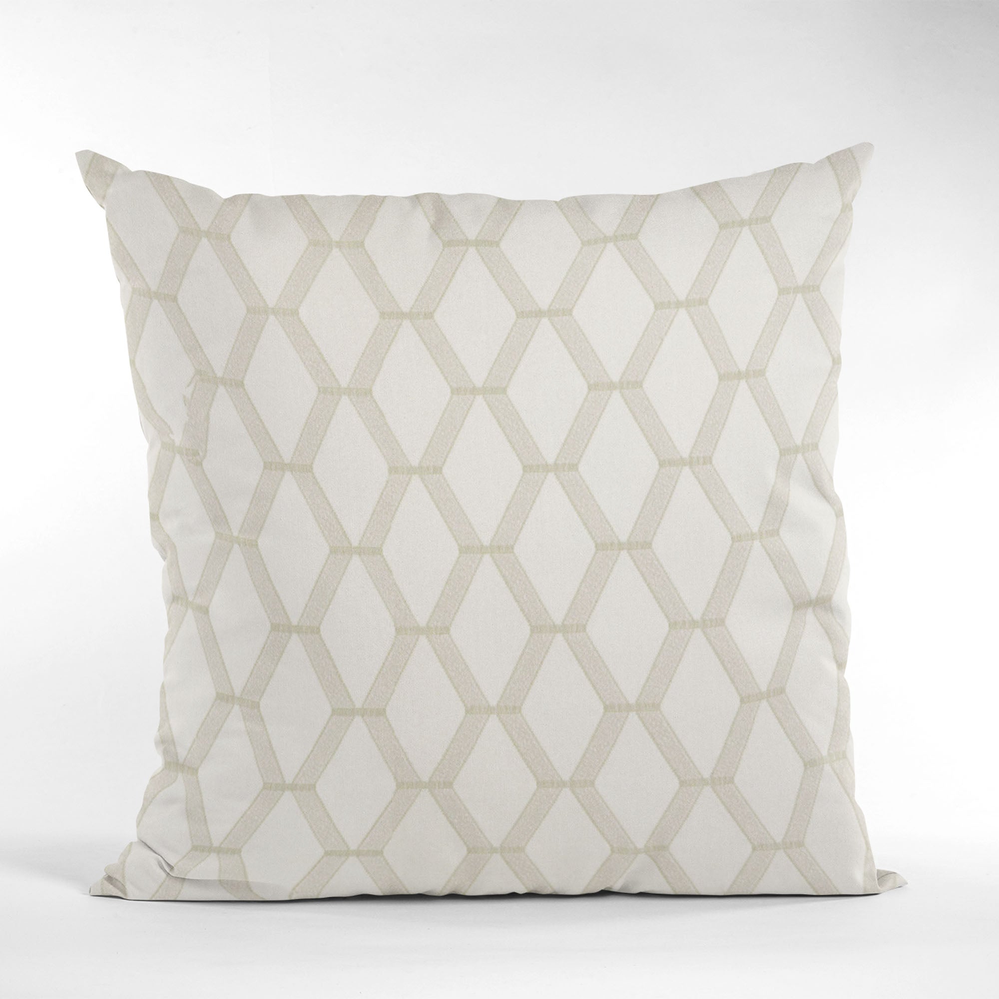 Plutus Pearl Diamond shiny fabric throw pillow with intricate embroidery, showcasing a luxurious design in pearl color.