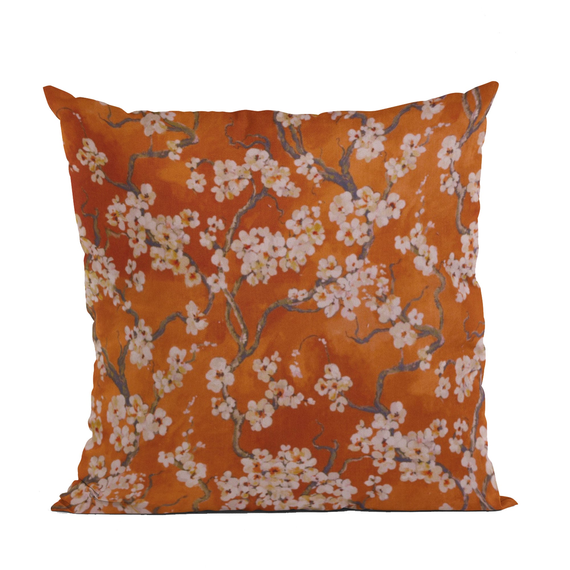Plutus Persimmon Garden Cherry Blossoms throw pillow featuring a vibrant cherry blossom design on a linen-looking polyester fabric.