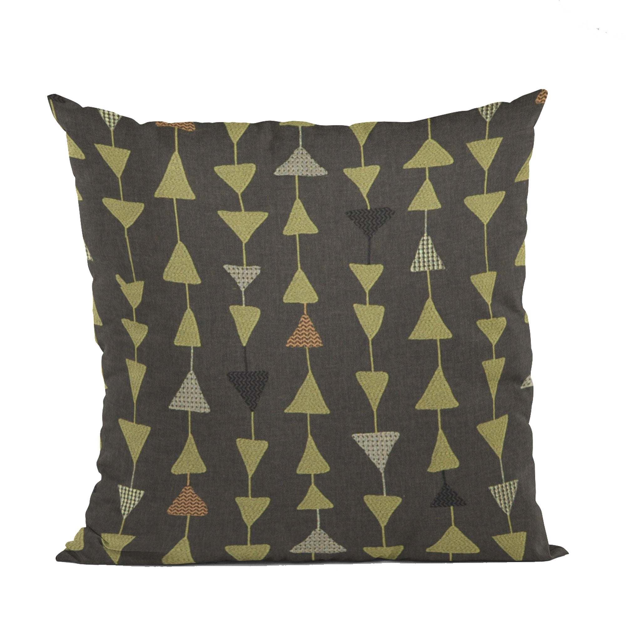 Luxurious Plutus River Rock Manti Embroidery throw pillow featuring metallic triangle accents, handmade in the USA.