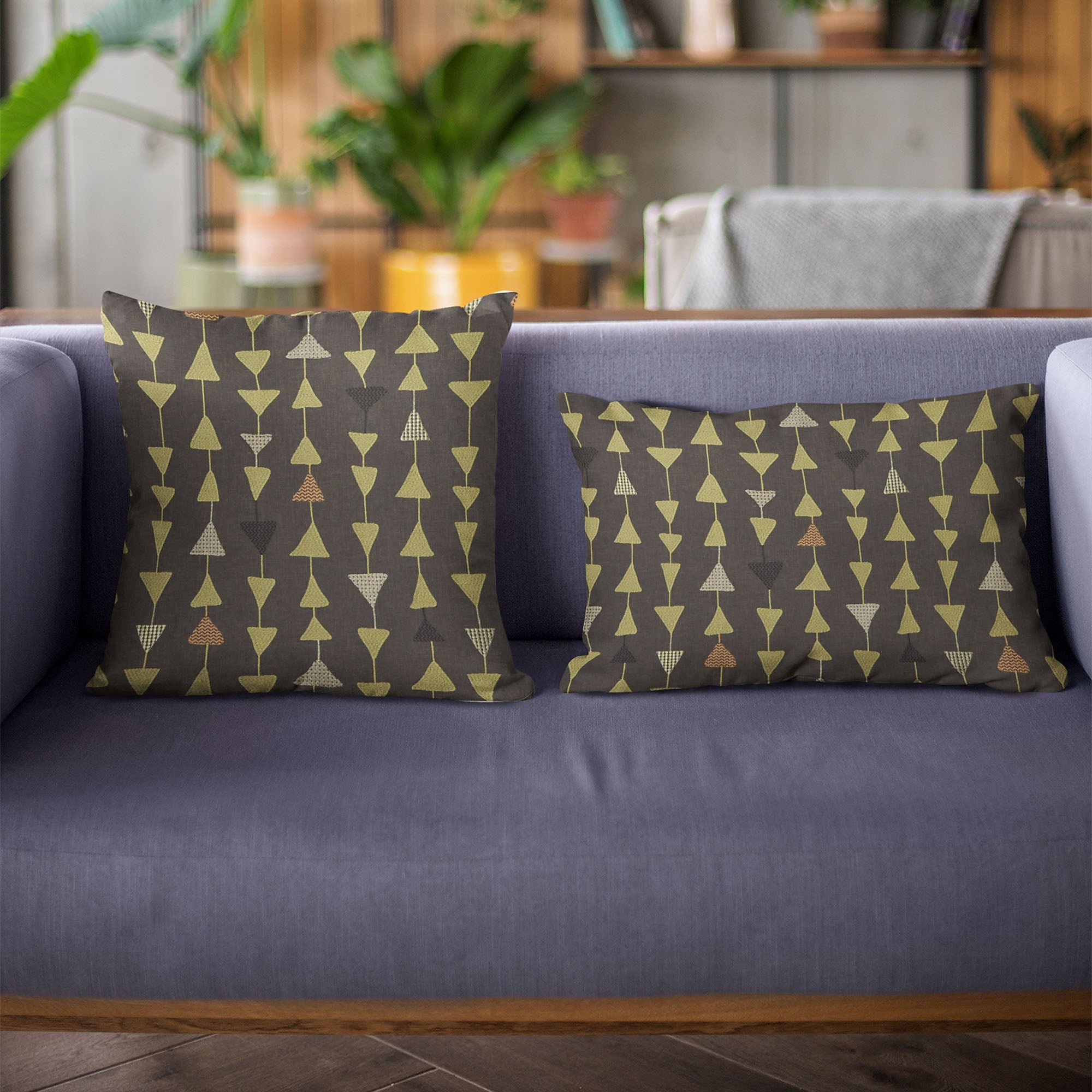 Luxurious Plutus River Rock Manti Embroidery throw pillow featuring metallic triangle accents, handmade in the USA.