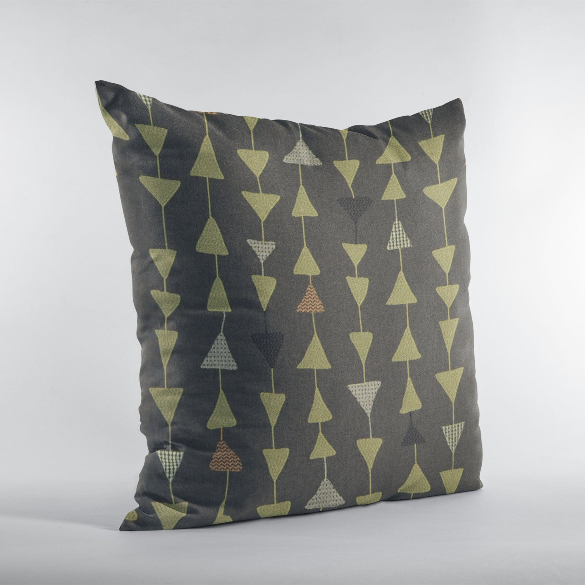 Luxurious Plutus River Rock Manti Embroidery throw pillow featuring metallic triangle accents, handmade in the USA.