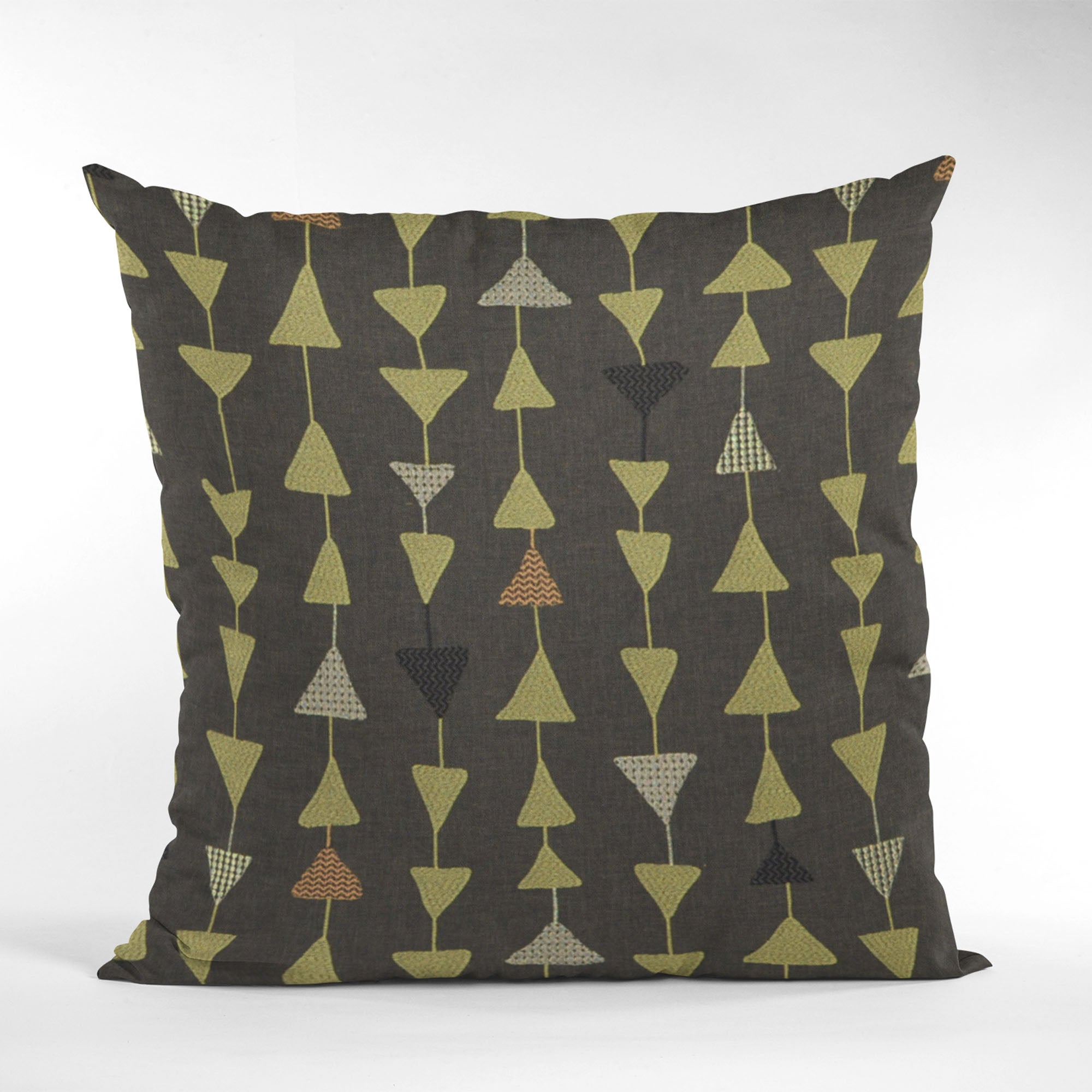 Luxurious Plutus River Rock Manti Embroidery throw pillow featuring metallic triangle accents, handmade in the USA.