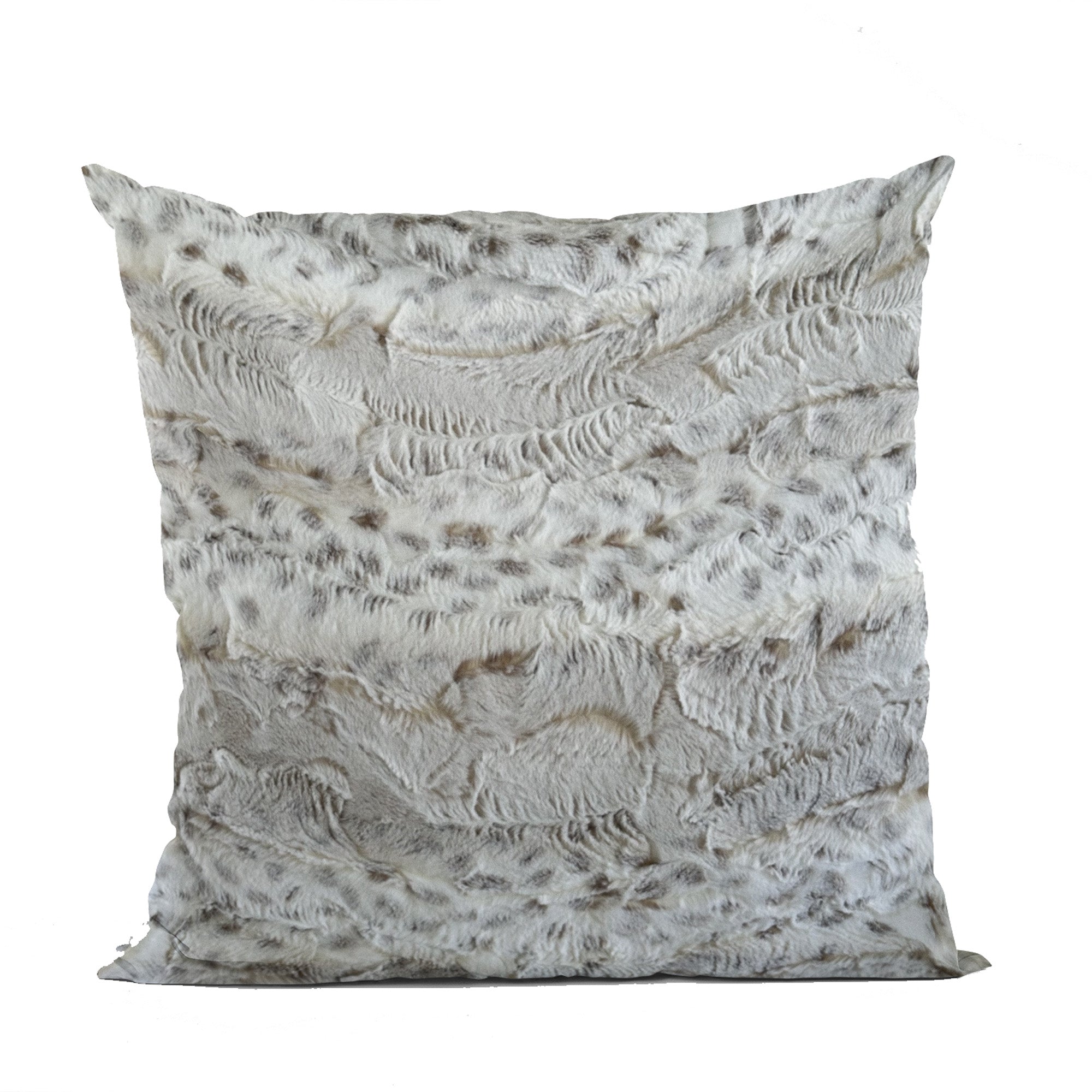 Plutus Taupe Lynx Animal Faux Fur Luxury Throw Pillow showcasing its soft faux fur texture and elegant taupe color.