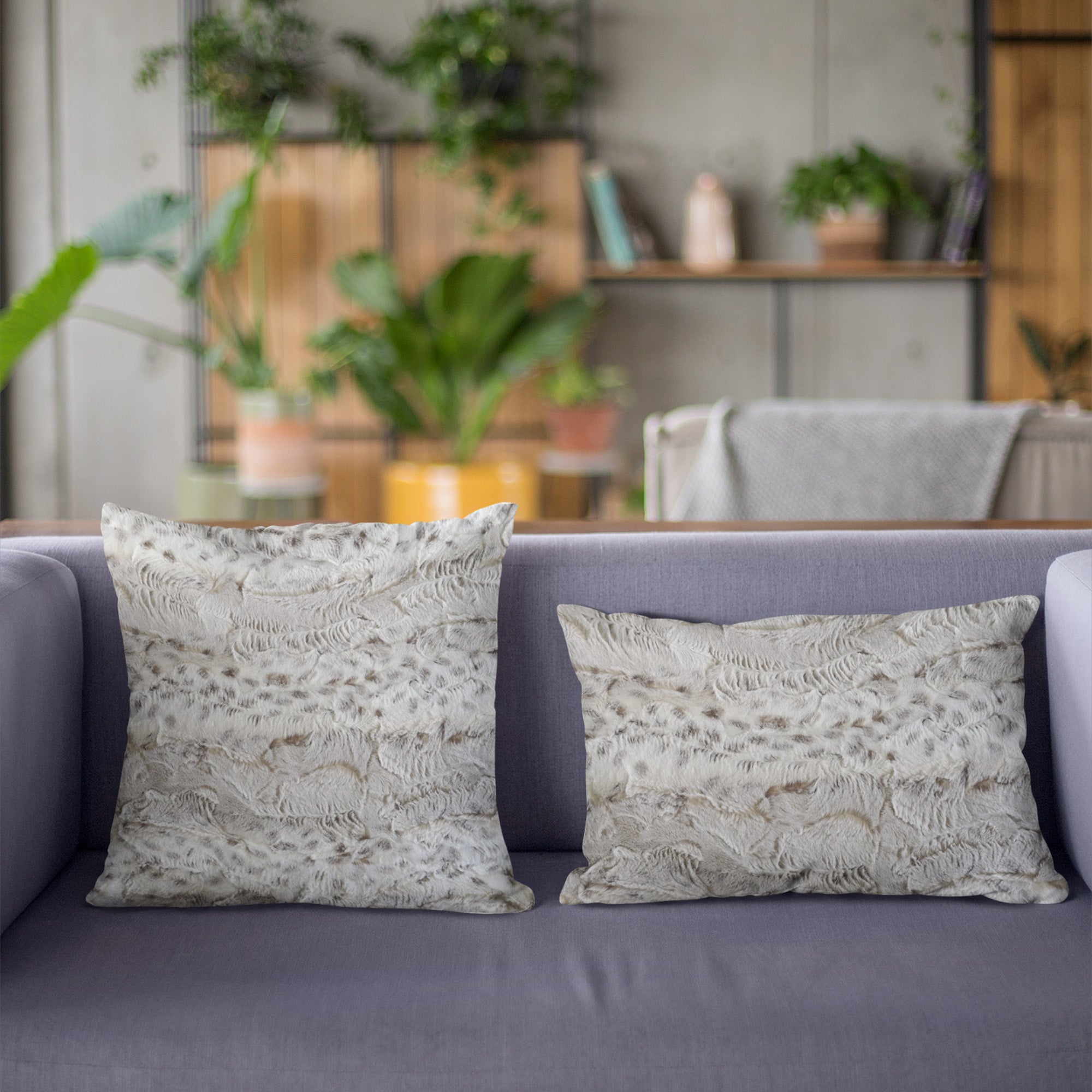 Plutus Taupe Lynx Animal Faux Fur Luxury Throw Pillow showcasing its soft faux fur texture and elegant taupe color.