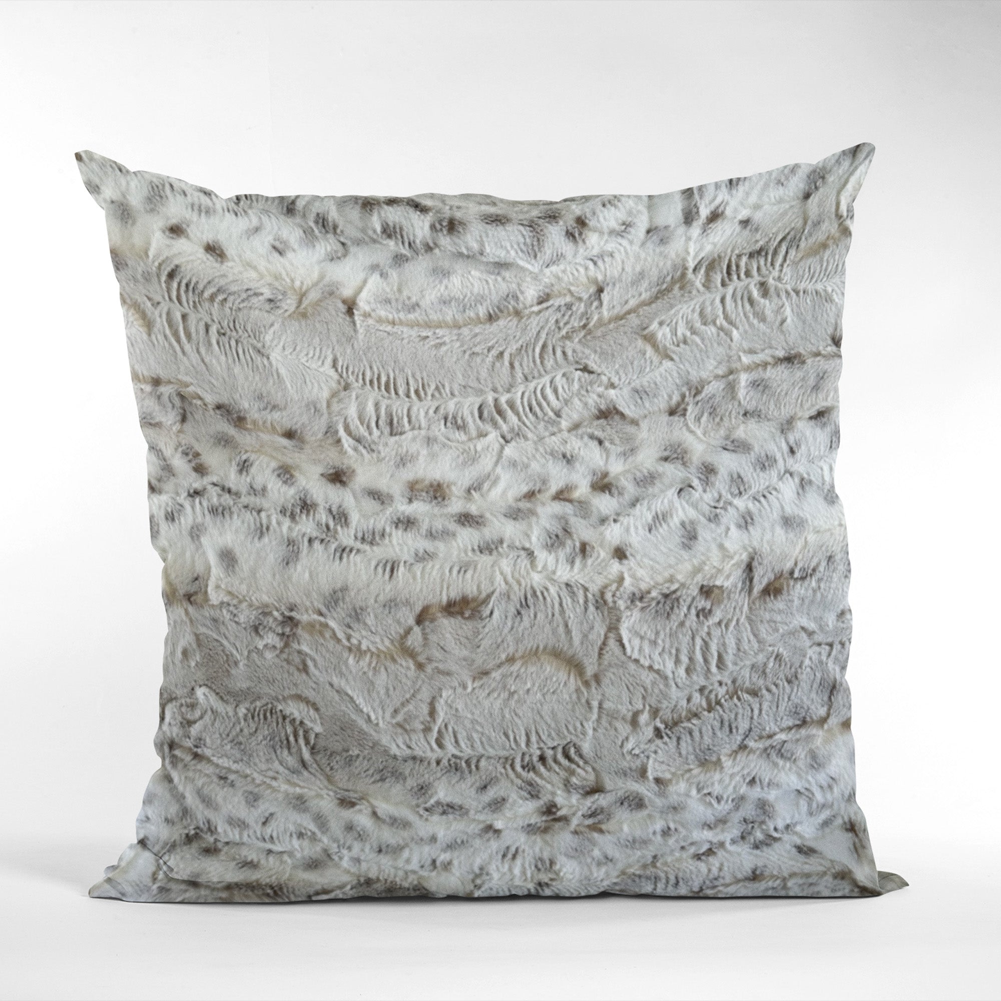 Plutus Taupe Lynx Animal Faux Fur Luxury Throw Pillow showcasing its soft faux fur texture and elegant taupe color.