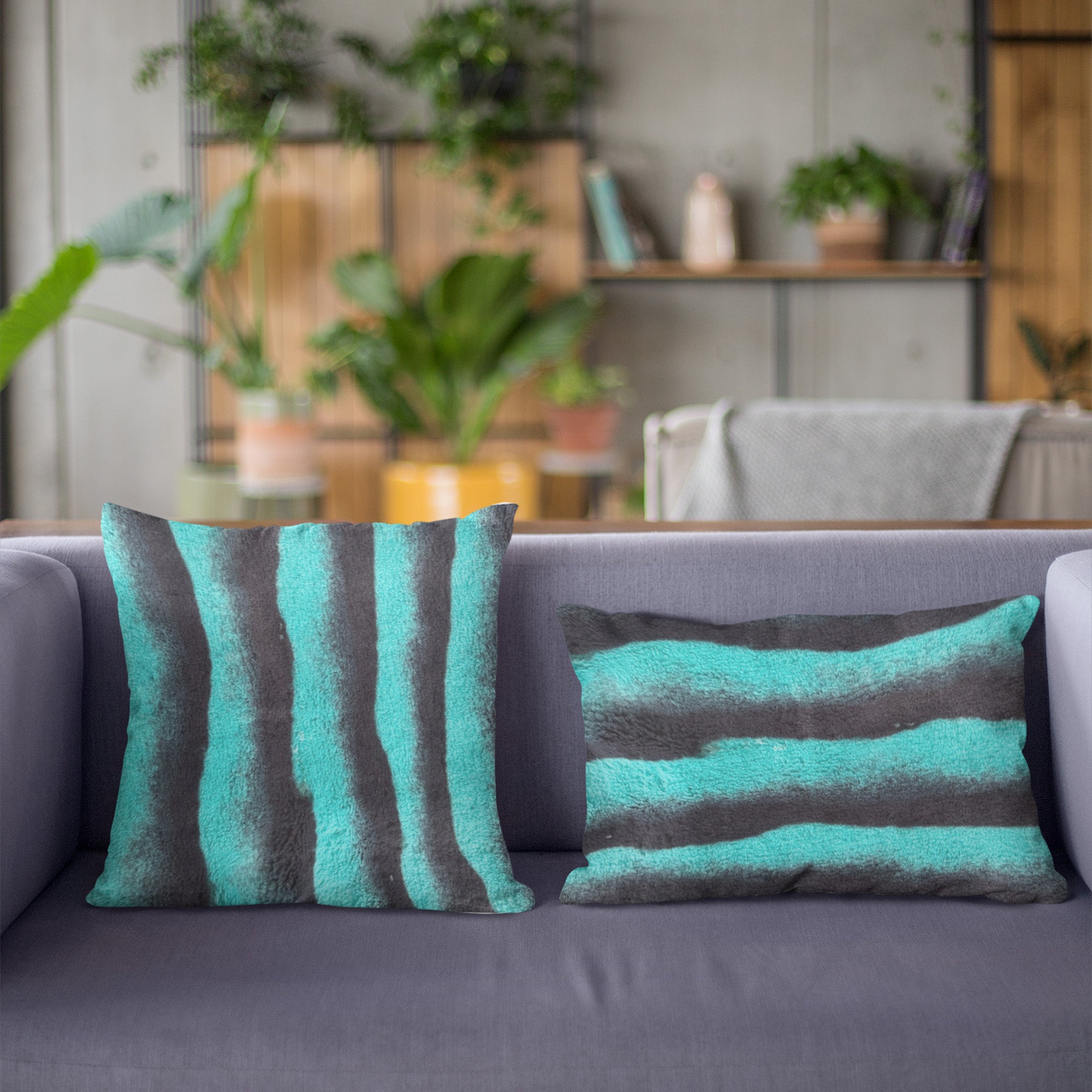 Plutus Teal Black Wild Ocean Faux Fur Luxury Throw Pillow showcasing its plush texture and elegant design.