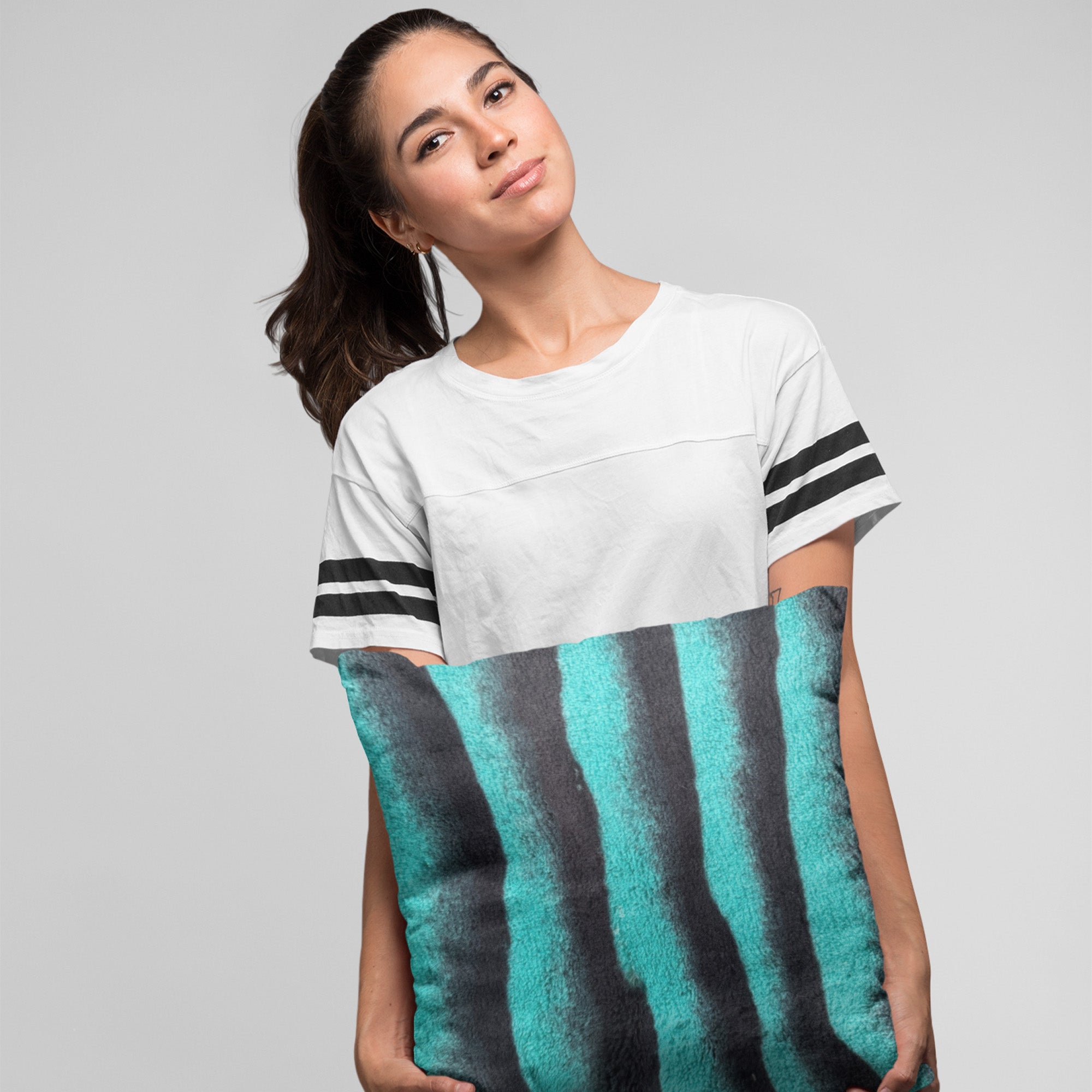 Plutus Teal Black Wild Ocean Faux Fur Luxury Throw Pillow showcasing its plush texture and elegant design.