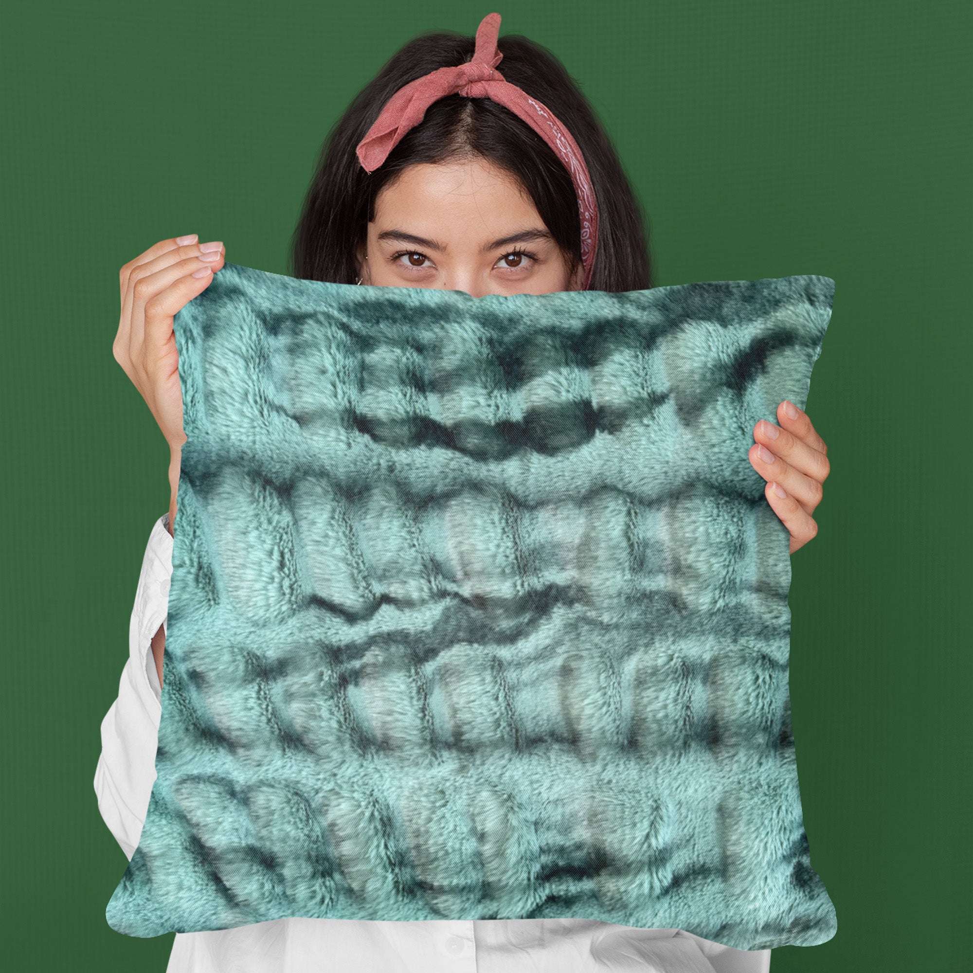 Plutus Teal Sherpa Animal Faux Fur Luxury Throw Pillow showcasing its plush texture and vibrant teal color, perfect for home decor.