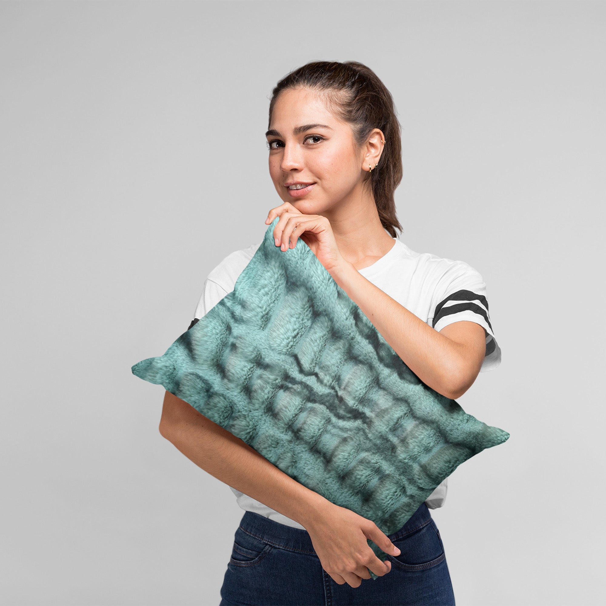 Plutus Teal Sherpa Animal Faux Fur Luxury Throw Pillow showcasing its plush texture and vibrant teal color, perfect for home decor.
