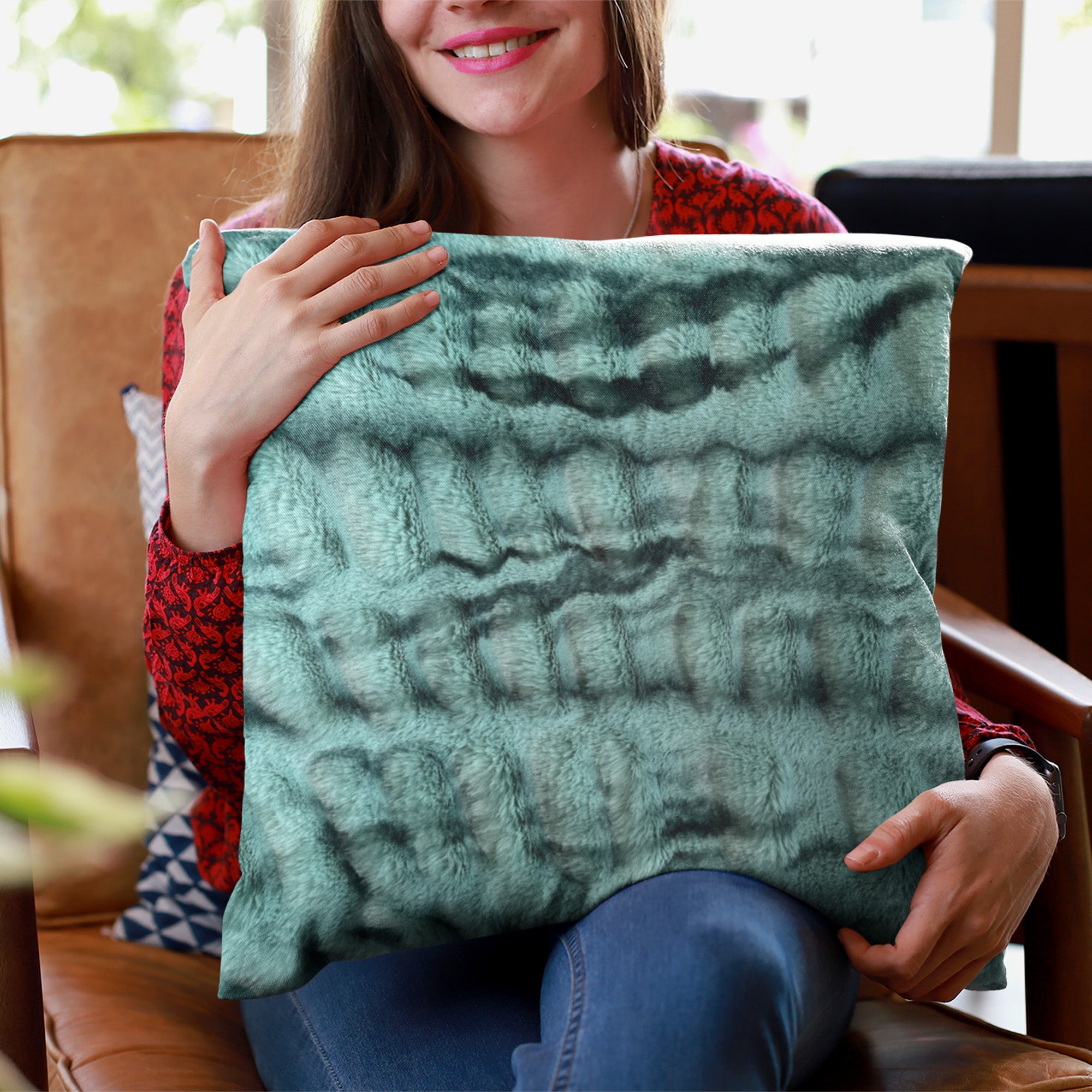 Plutus Teal Sherpa Animal Faux Fur Luxury Throw Pillow showcasing its plush texture and vibrant teal color, perfect for home decor.