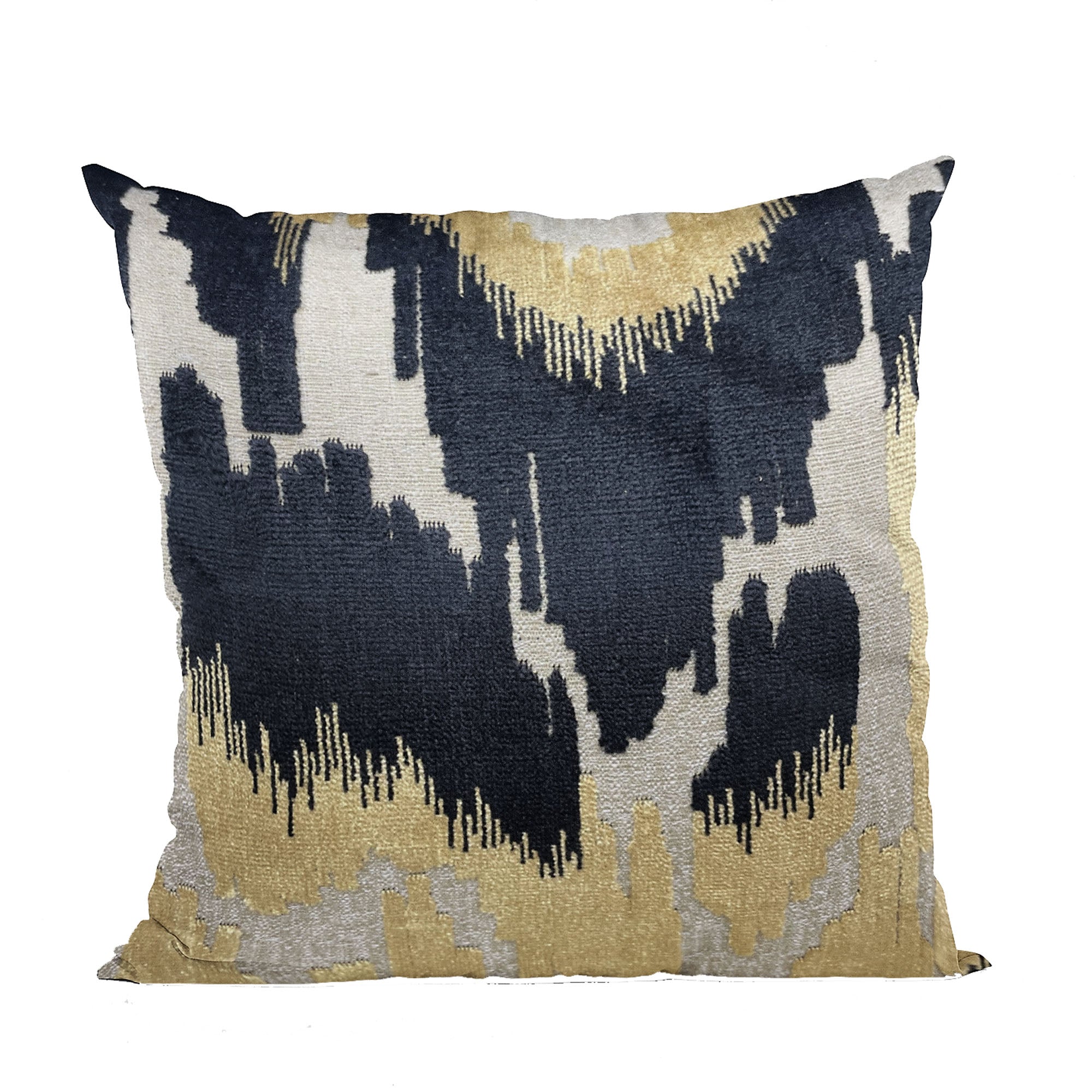 Plutus Velvet Glamour Pillow in black, gold, and cream, showcasing its luxurious fabric and elegant Ikat pattern.