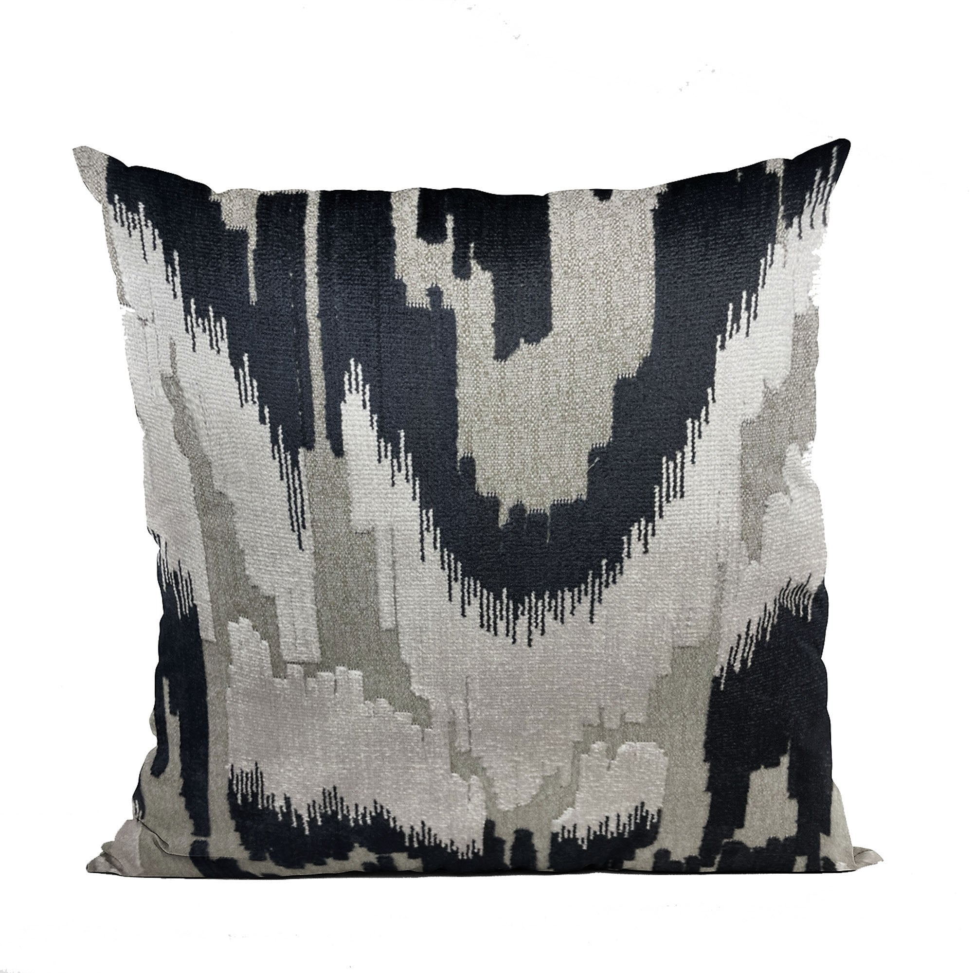 Plutus Velvet Glamour Pillow in black, gray, and cream with Ikat pattern, showcasing its luxurious handmade quality and elegant design.