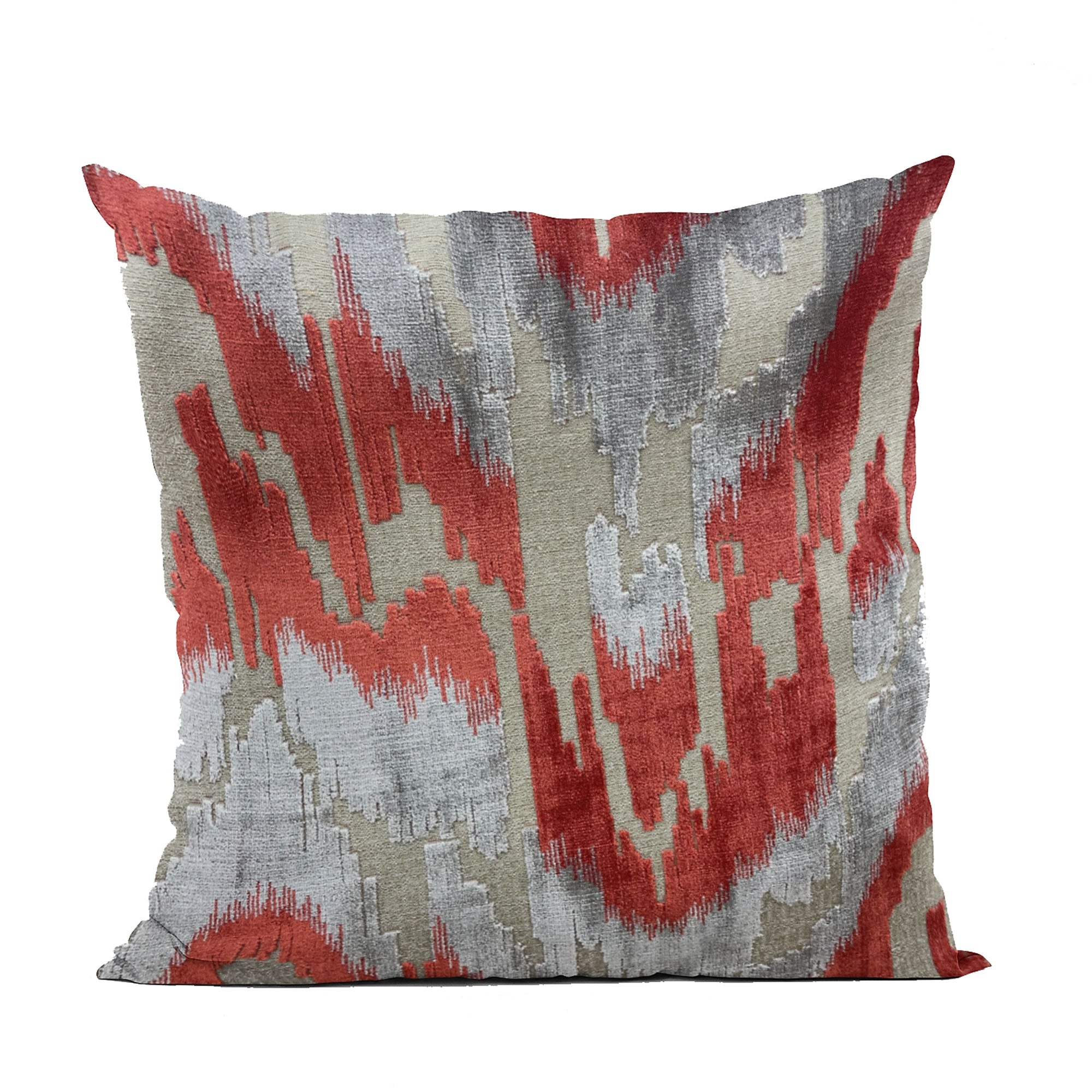 Plutus Velvet Glamour Red and Gray Handmade Luxury Pillow showcasing ikat pattern and invisible zipper closure, perfect for stylish home decor.