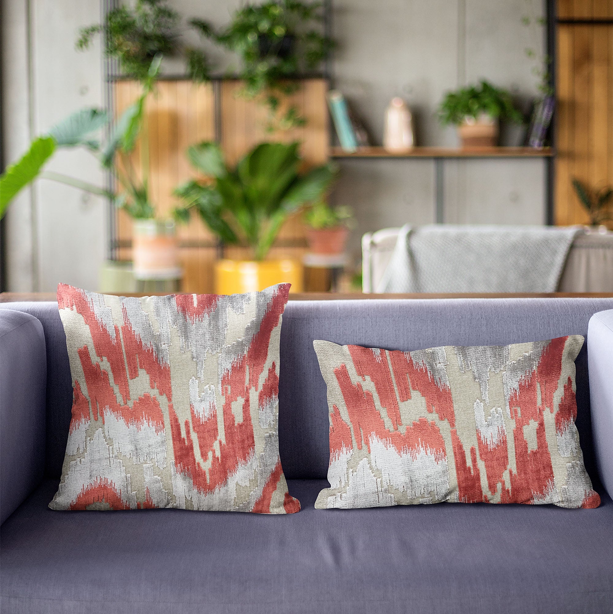 Plutus Velvet Glamour Red and Gray Handmade Luxury Pillow showcasing ikat pattern and invisible zipper closure, perfect for stylish home decor.