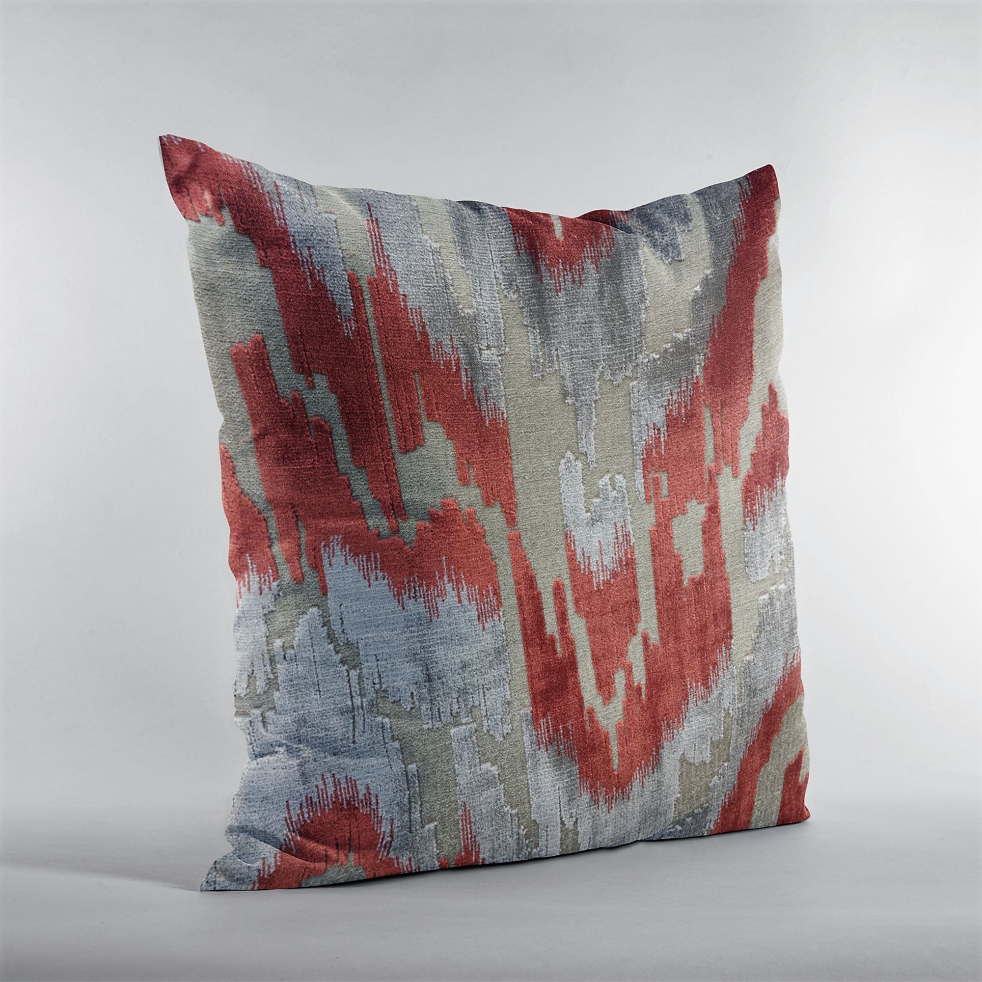 Plutus Velvet Glamour Red and Gray Handmade Luxury Pillow showcasing ikat pattern and invisible zipper closure, perfect for stylish home decor.