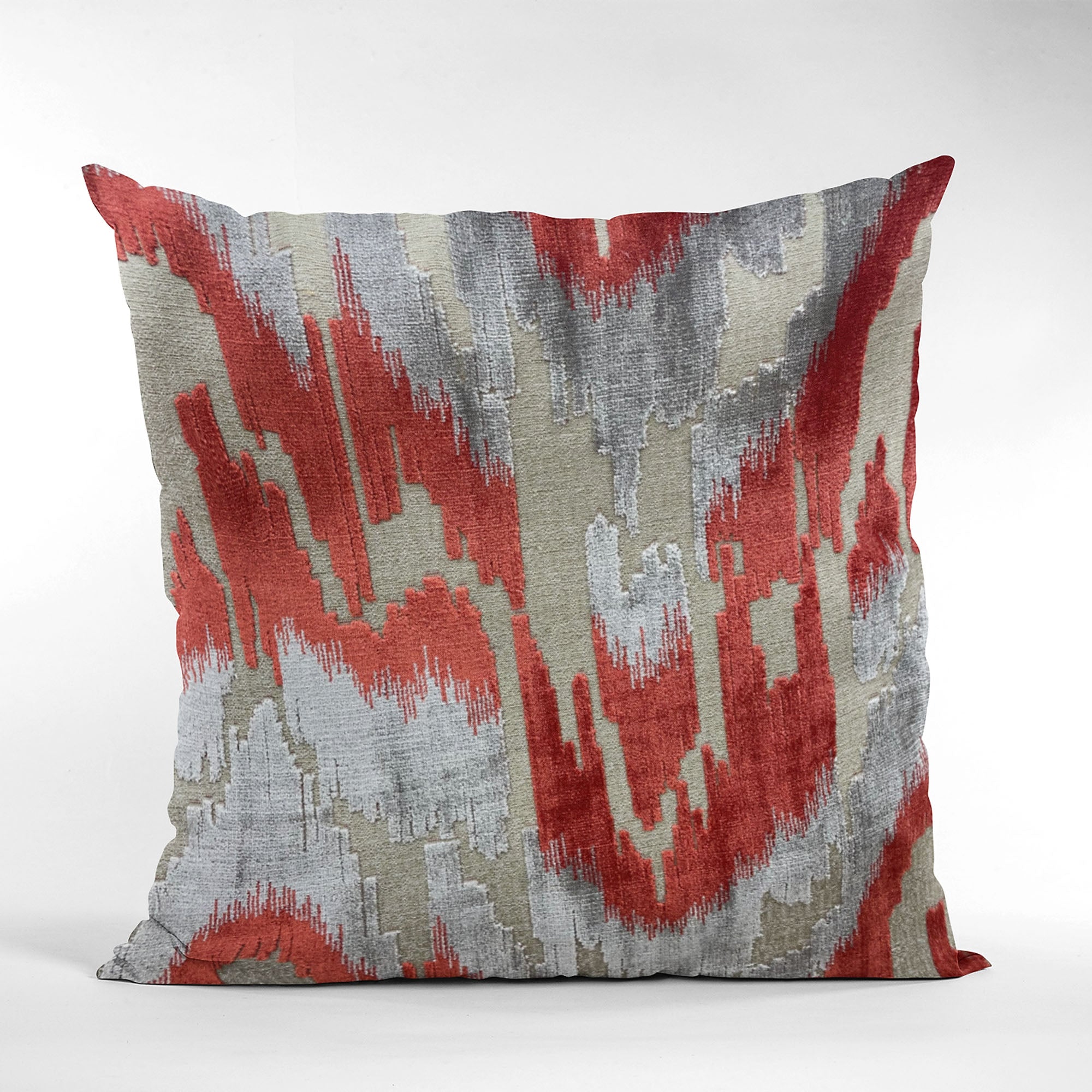 Plutus Velvet Glamour Red and Gray Handmade Luxury Pillow showcasing ikat pattern and invisible zipper closure, perfect for stylish home decor.
