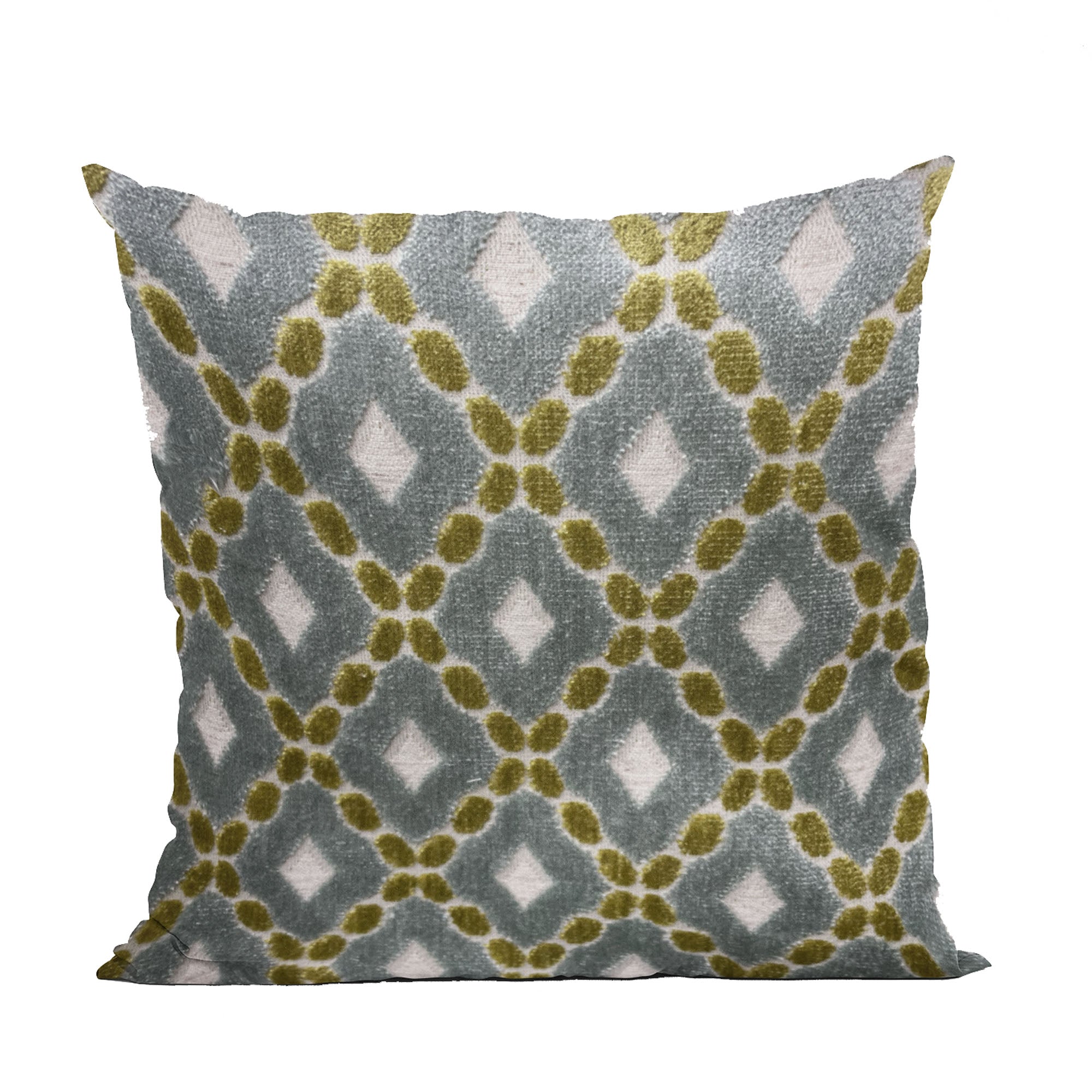 Plutus Velvet Majestic Blue Handmade Luxury Pillow featuring a diamond pattern in blue, citrine, and cream colors with an invisible zipper.