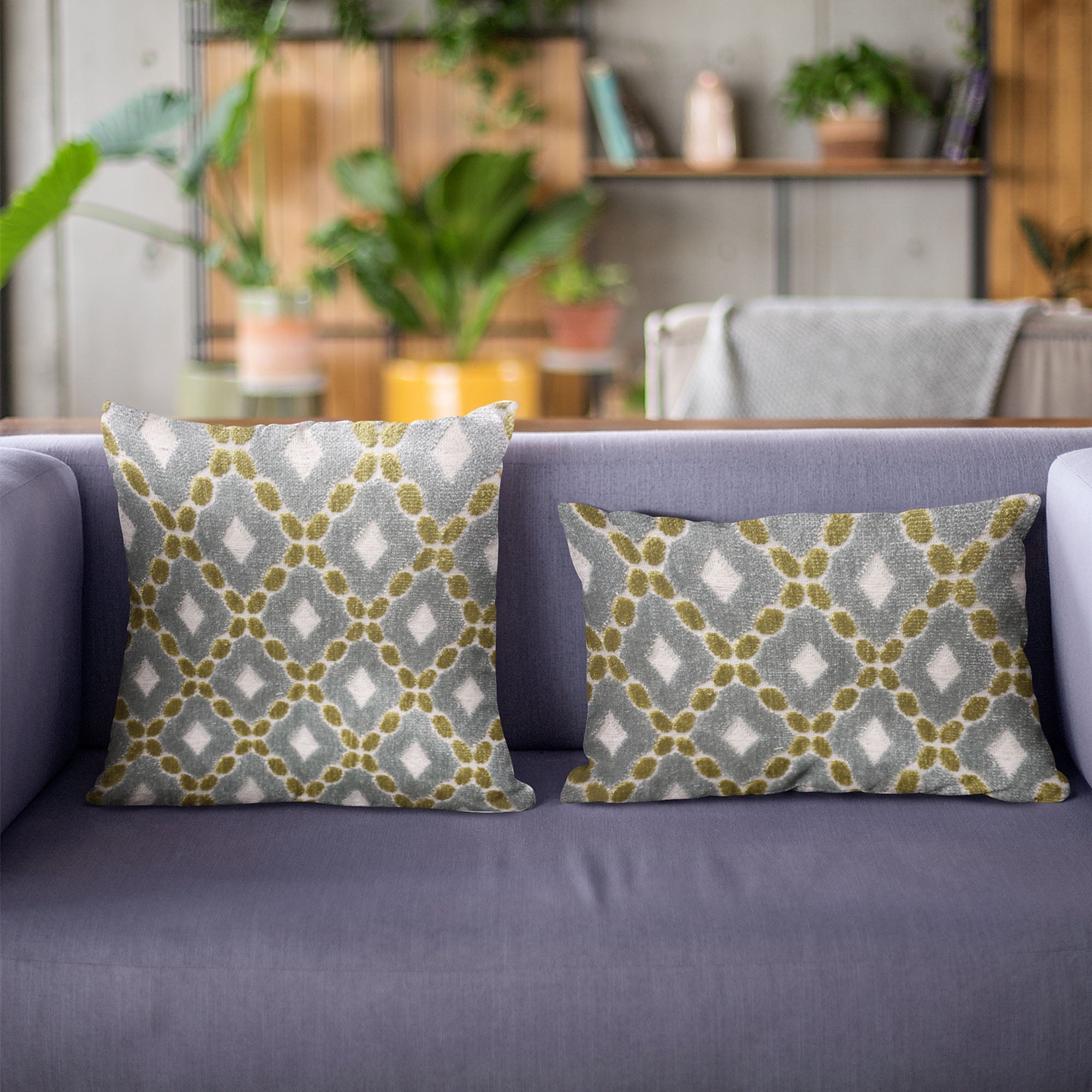 Plutus Velvet Majestic Blue Handmade Luxury Pillow featuring a diamond pattern in blue, citrine, and cream colors with an invisible zipper.