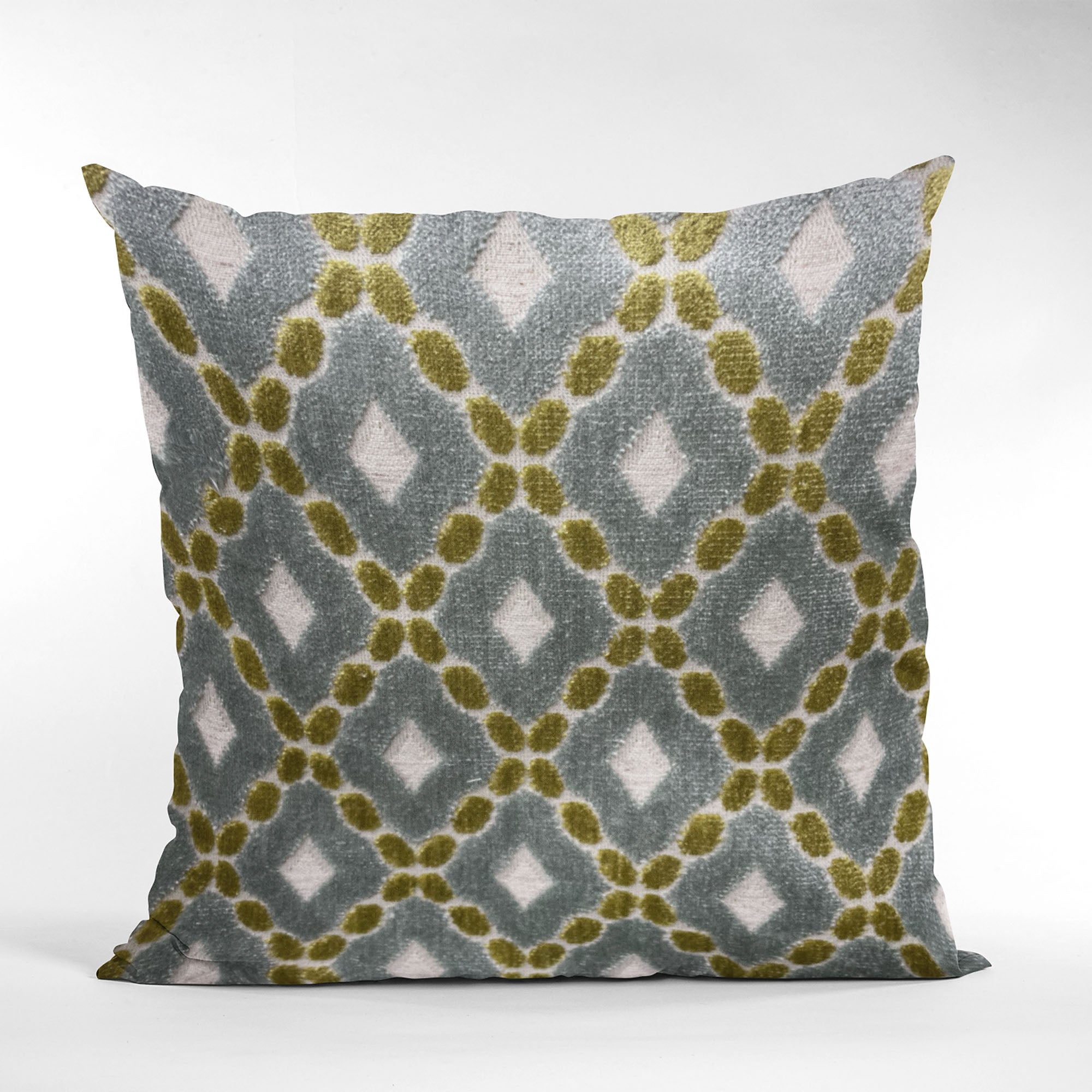 Plutus Velvet Majestic Blue Handmade Luxury Pillow featuring a diamond pattern in blue, citrine, and cream colors with an invisible zipper.