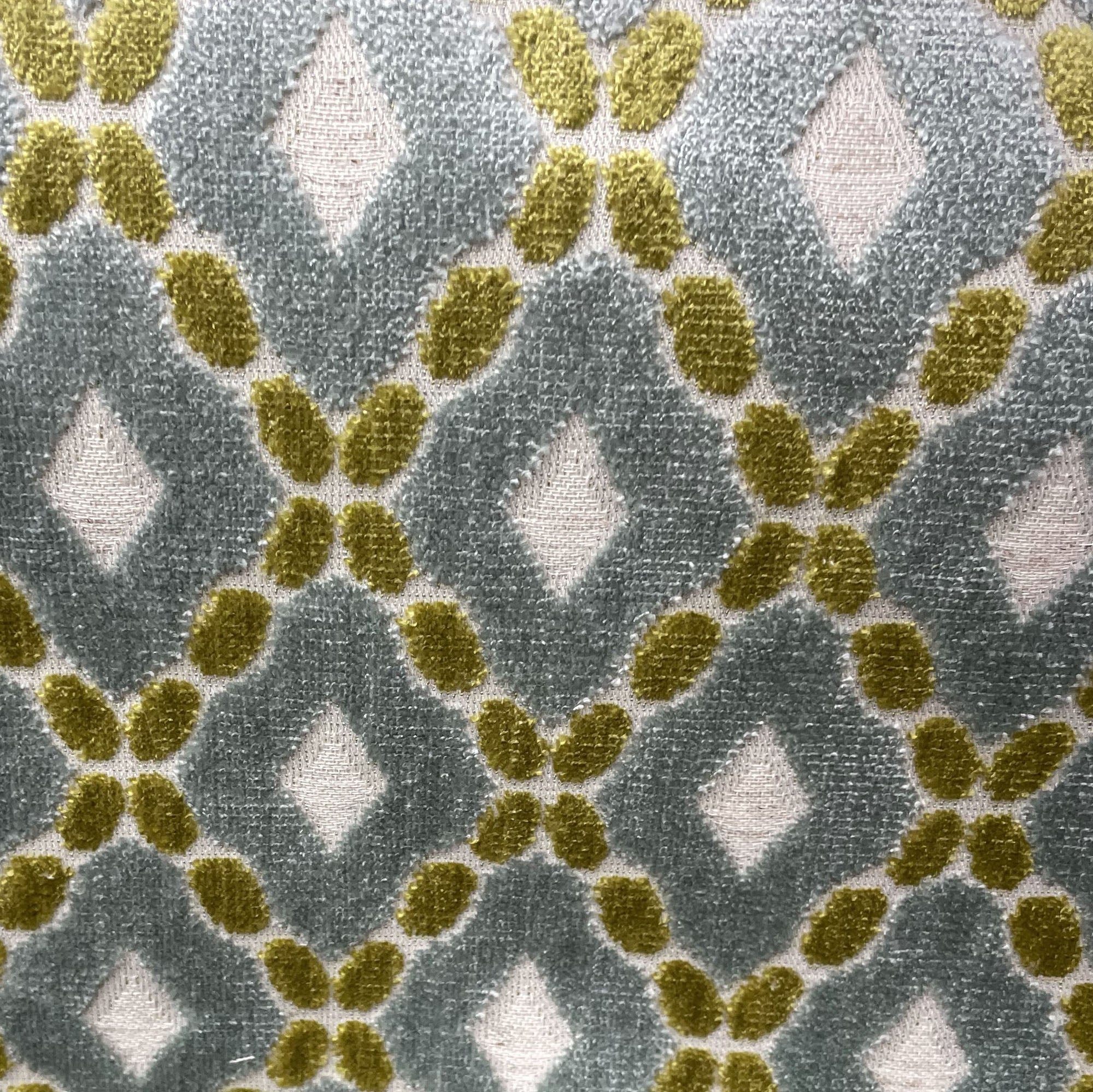 Plutus Velvet Majestic Blue Handmade Luxury Pillow featuring a diamond pattern in blue, citrine, and cream colors with an invisible zipper.