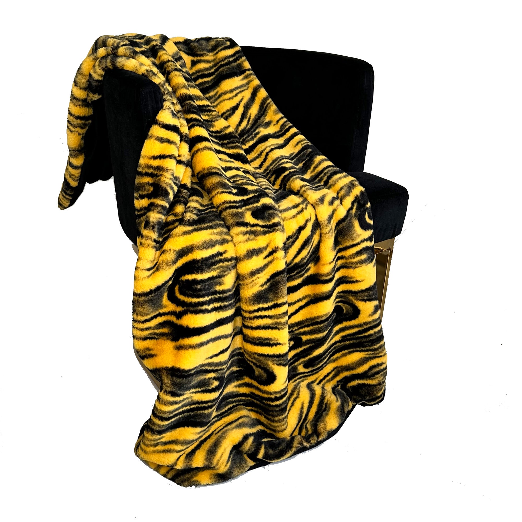 Plutus Yellow Galaxy Faux Fur Luxury Throw Blanket showcasing its plush texture and vibrant yellow color, perfect for cozying up.