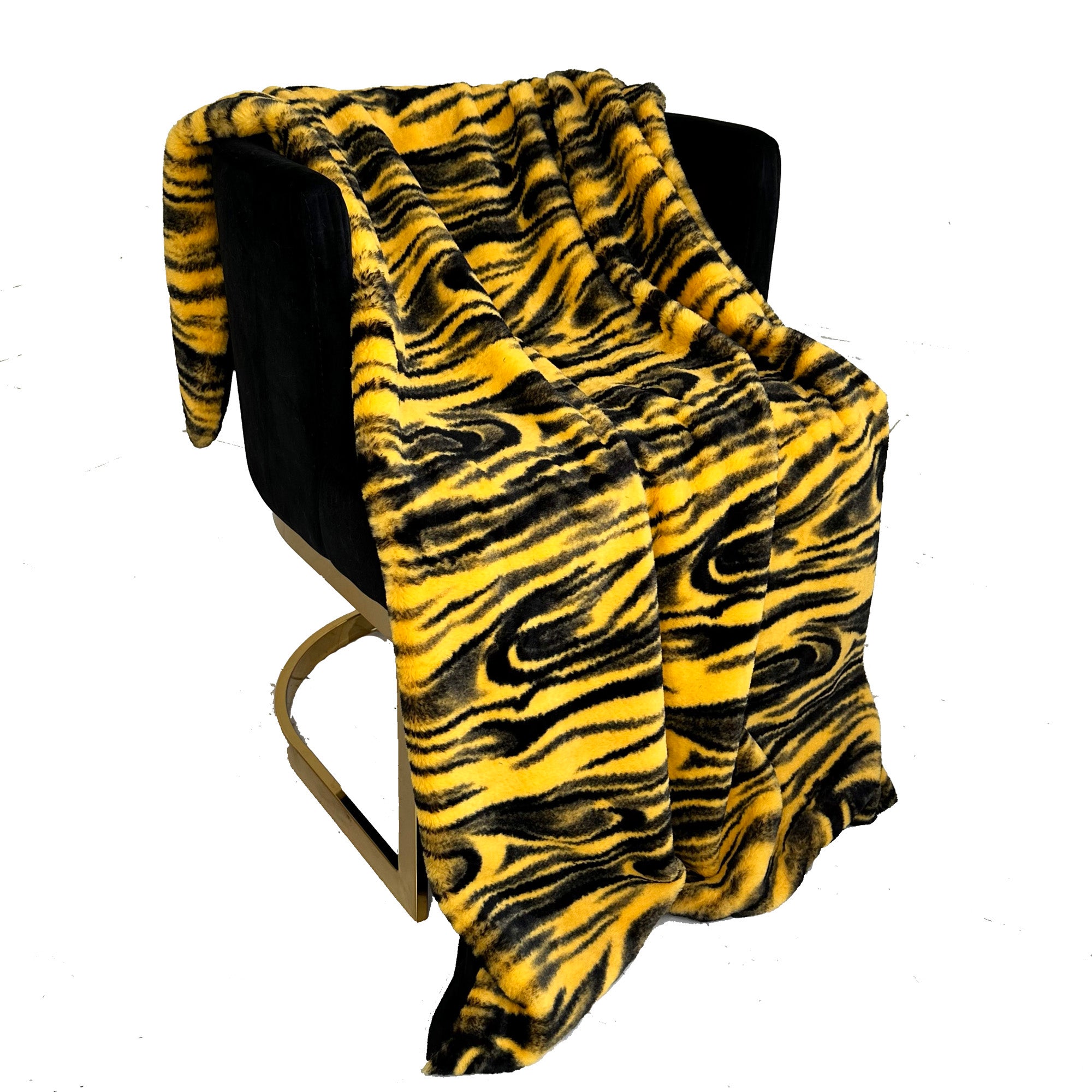 Plutus Yellow Galaxy Faux Fur Luxury Throw Blanket showcasing its plush texture and vibrant yellow color, perfect for cozying up.