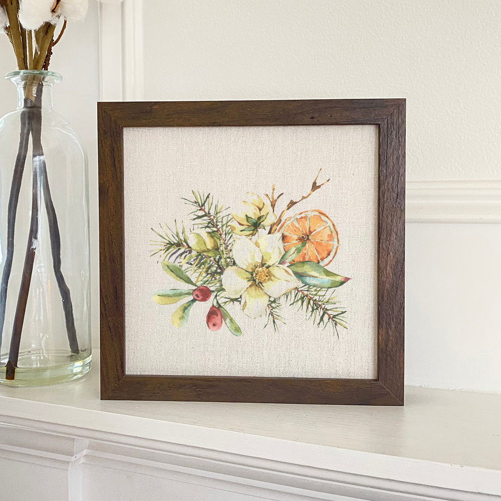 Poinsettia Holly and Orange Bouquet framed sign with a wood frame, showcasing vibrant floral design on a linen-look background.