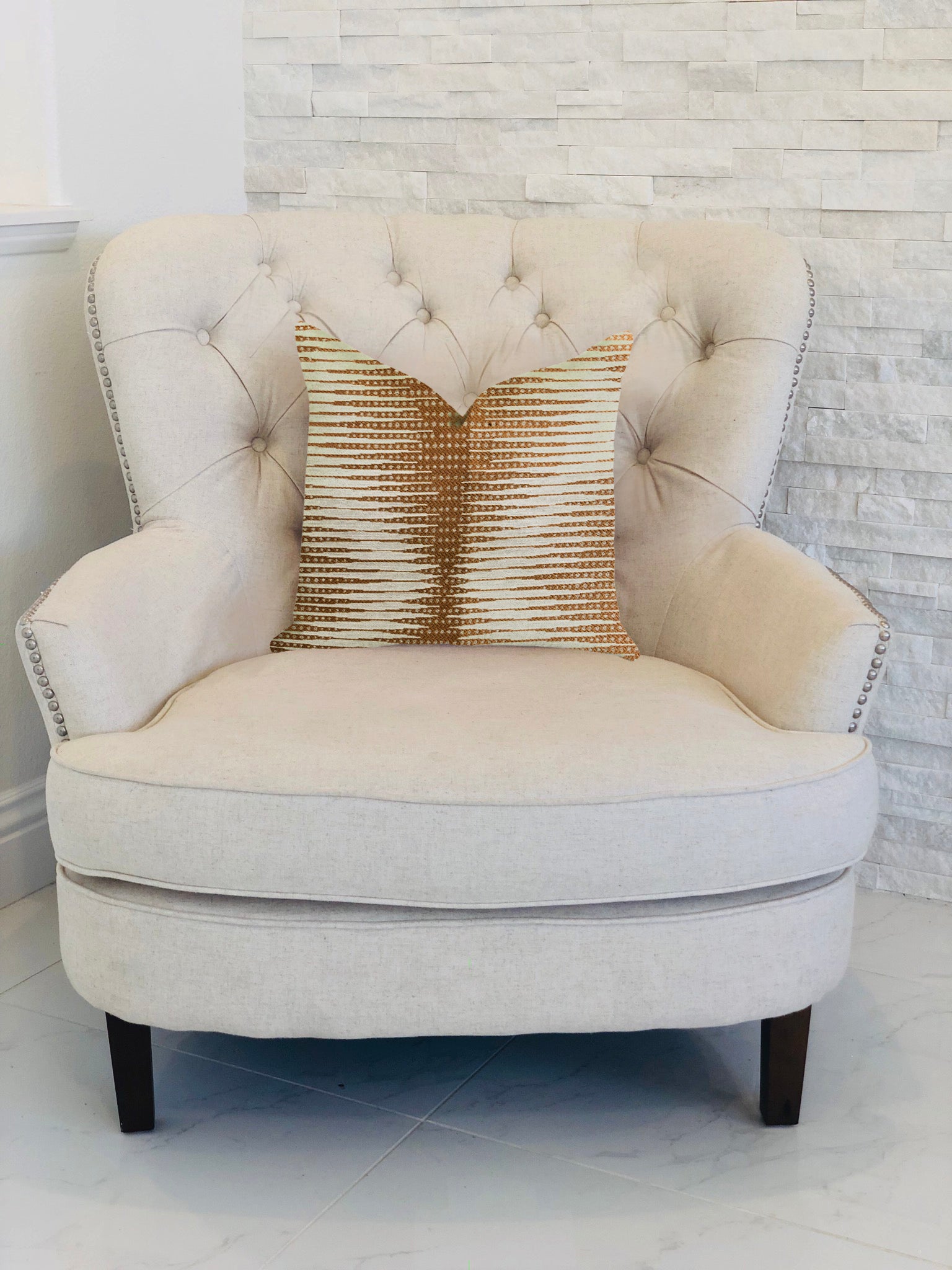 Pokaline Chevron Luxury Throw Pillow in brown and beige, showcasing elegant chevron pattern and invisible zipper.