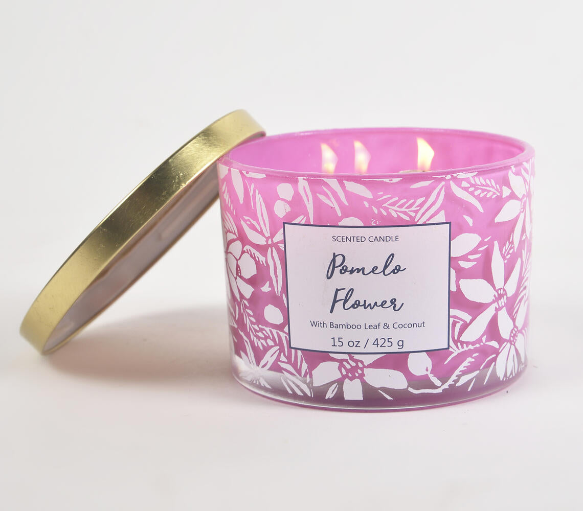 A beautifully crafted Pomelo Flower Scented Jar Candle featuring bamboo leaf and coconut, hand-poured in a white jar.