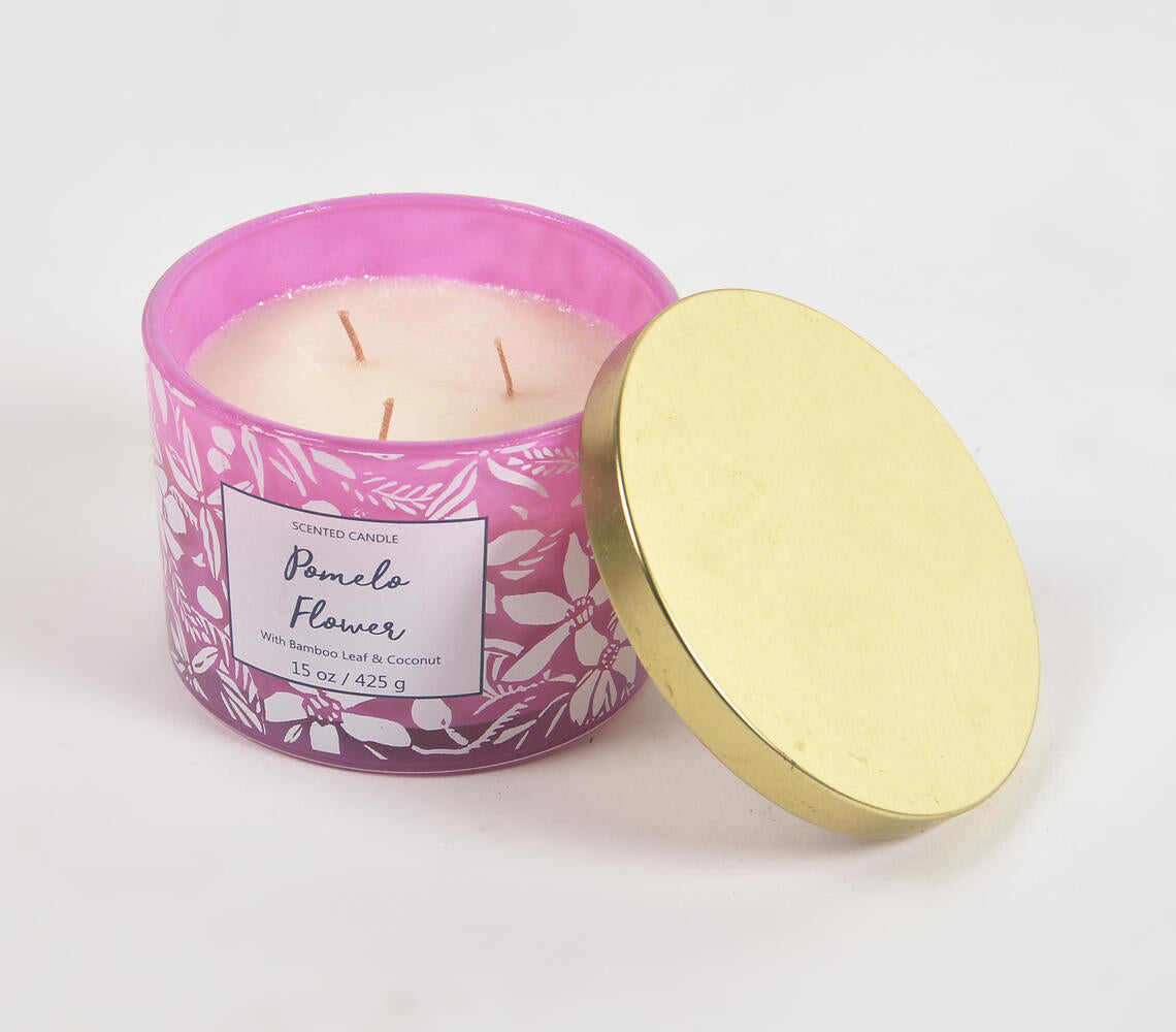 A beautifully crafted Pomelo Flower Scented Jar Candle featuring bamboo leaf and coconut, hand-poured in a white jar.