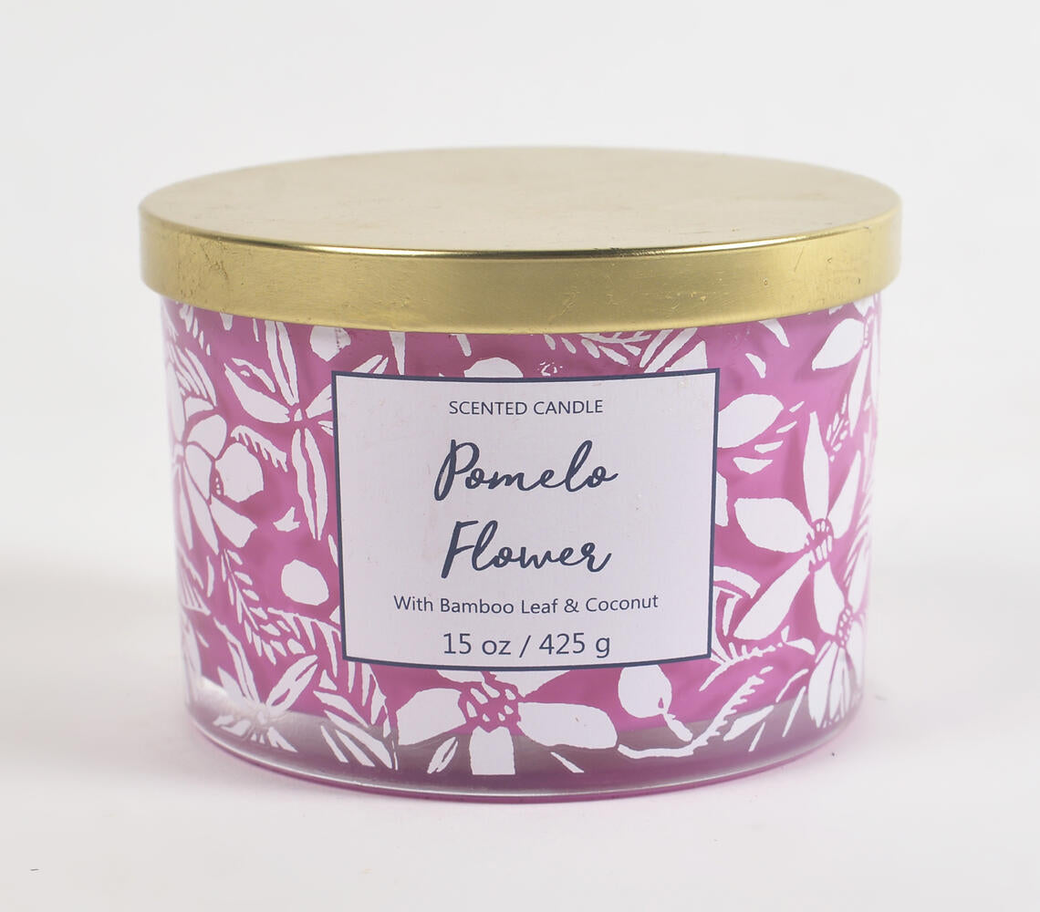 A beautifully crafted Pomelo Flower Scented Jar Candle featuring bamboo leaf and coconut, hand-poured in a white jar.