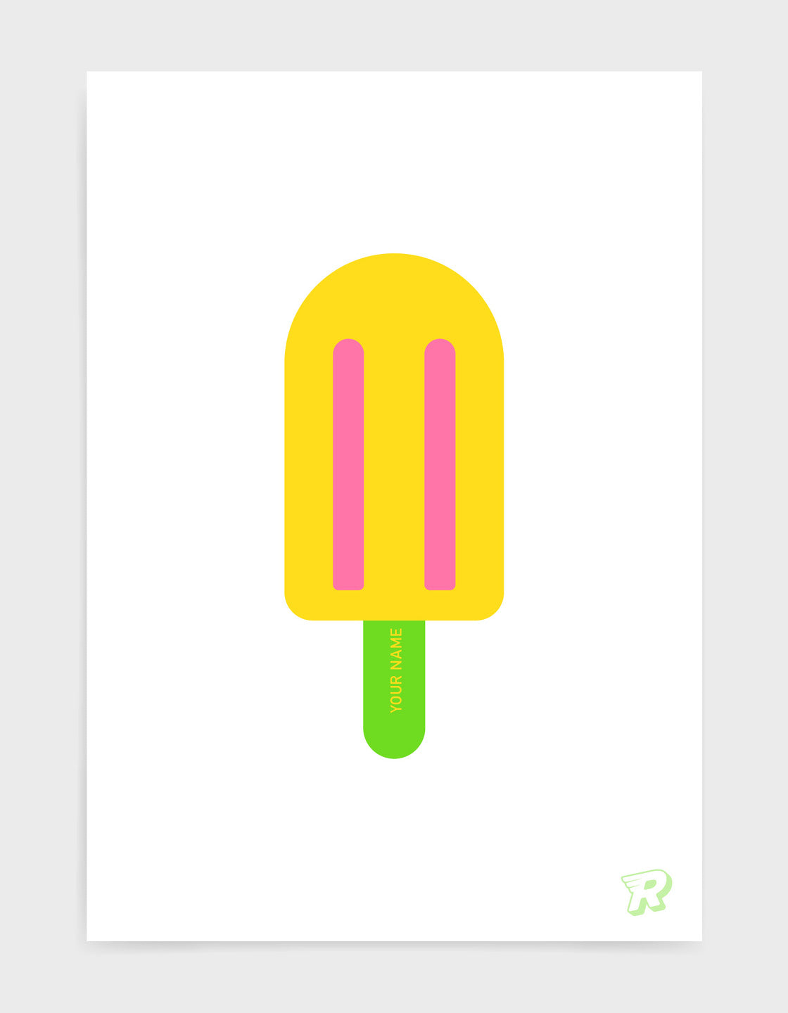 A vibrant personalised popsicle ice lolly print featuring a colorful popsicle with a custom name on the stick, perfect for kids' room decor.