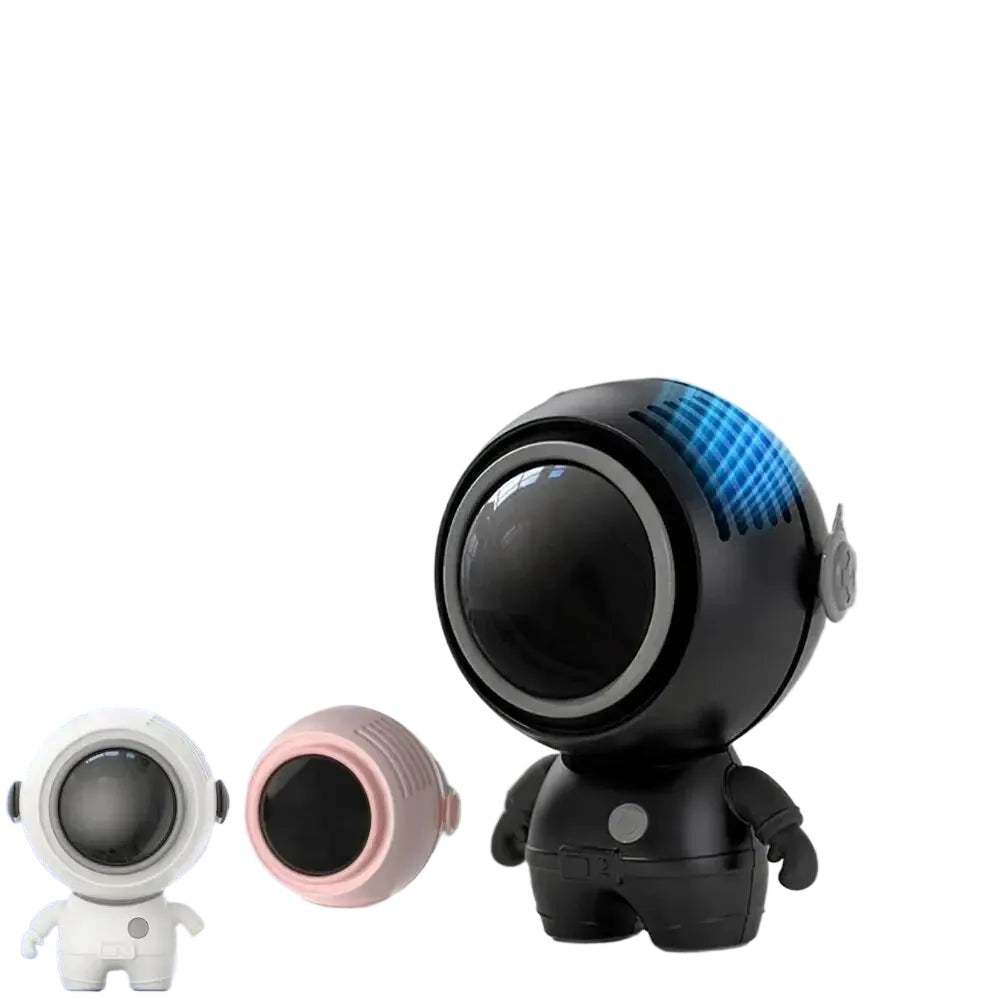 Portable Astronaut Neck Fan in black, designed for hands-free cooling with USB charging capability.