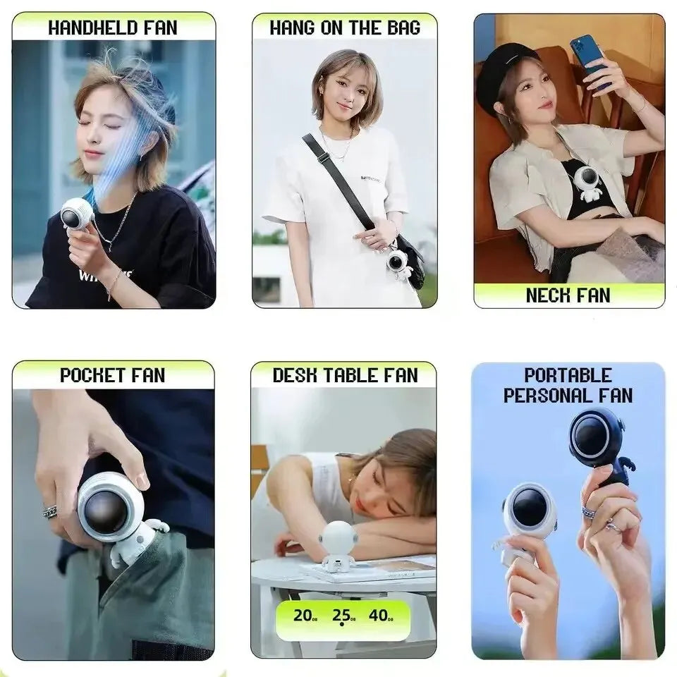Portable Astronaut Neck Fan in black, designed for hands-free cooling with USB charging capability.