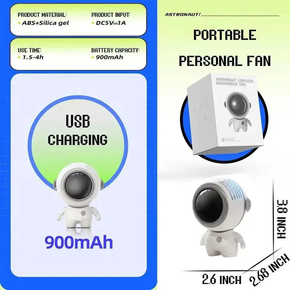 Portable Astronaut Neck Fan in black, designed for hands-free cooling with USB charging capability.