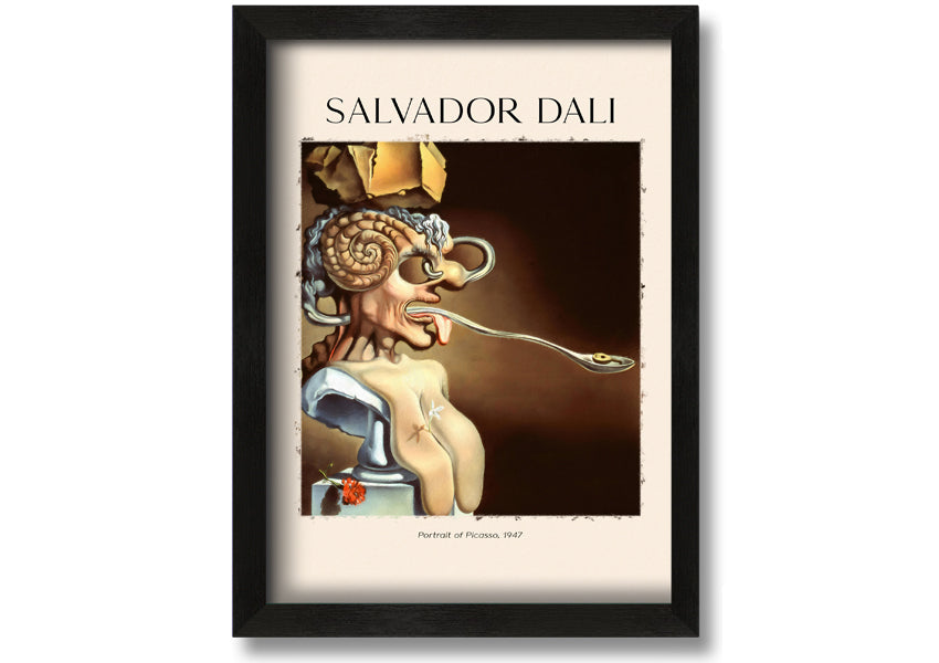 Portrait of Picasso, 1947 by Salvador Dali, featuring vibrant colors and intricate details, mounted on a sleek 44mm box frame.