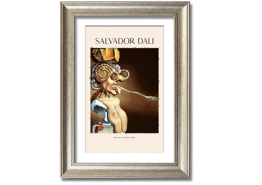 Portrait of Picasso, 1947 by Salvador Dali, featuring vibrant colors and intricate details, mounted on a sleek 44mm box frame.