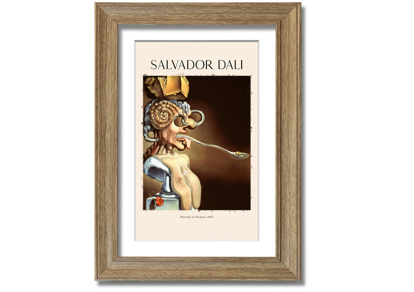 Portrait of Picasso, 1947 by Salvador Dali, featuring vibrant colors and intricate details, mounted on a sleek 44mm box frame.