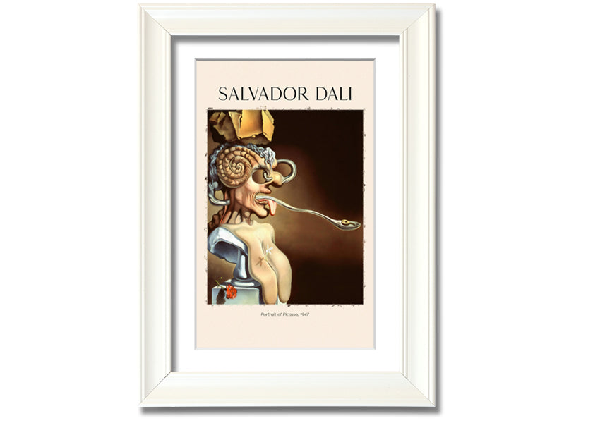 Portrait of Picasso, 1947 by Salvador Dali, featuring vibrant colors and intricate details, mounted on a sleek 44mm box frame.